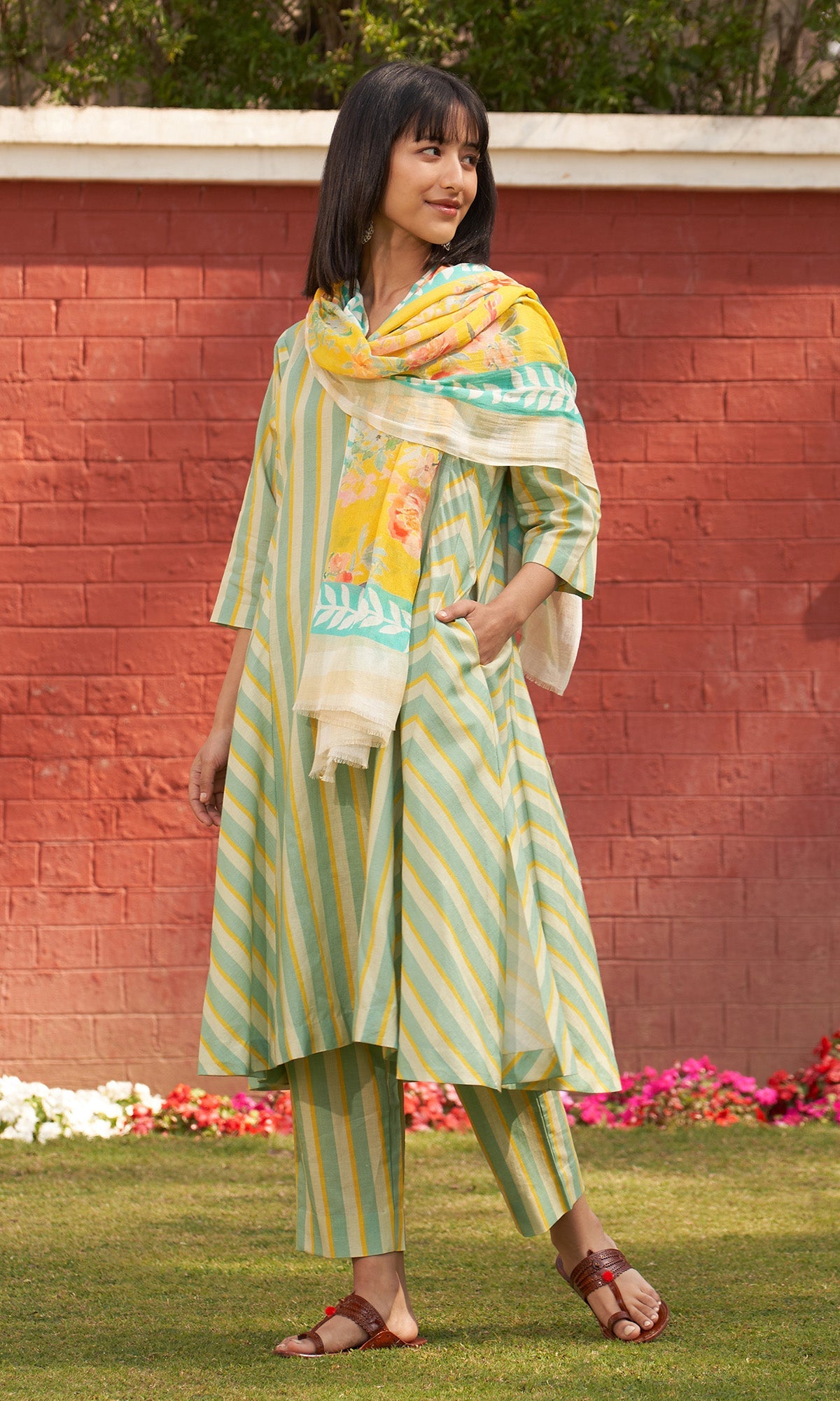 Iris Linen Yellow Stripe Choga With Pants And Stole ( Set Of 3)