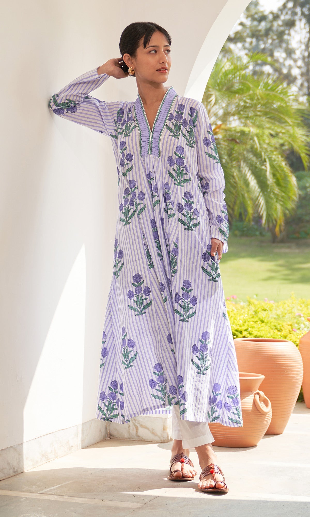 Iris Cotton Lilac Stripe Boota V- Neck Kurta Only