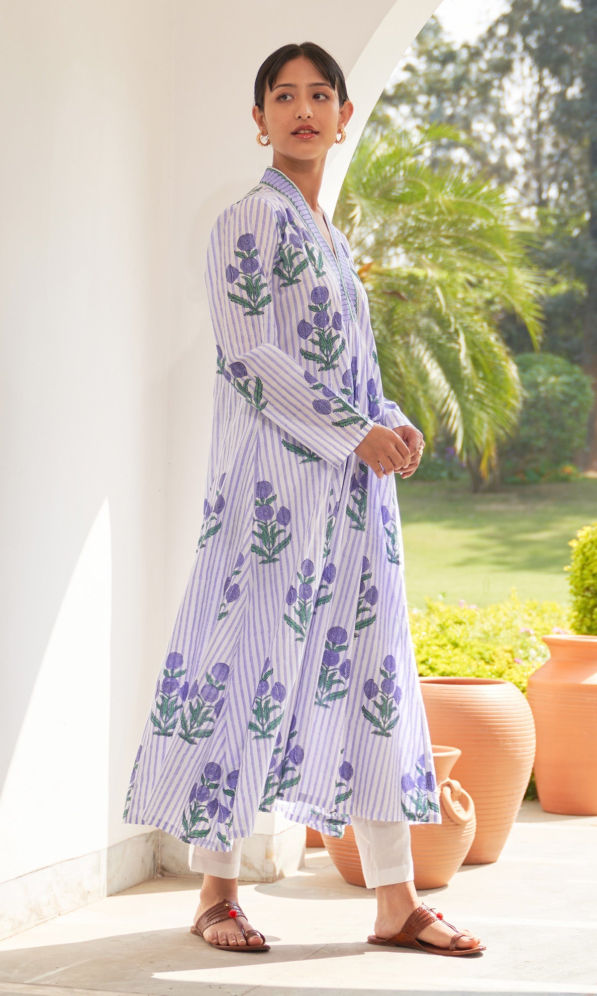 Iris Cotton Lilac Stripe Boota V- Neck Kurta Only