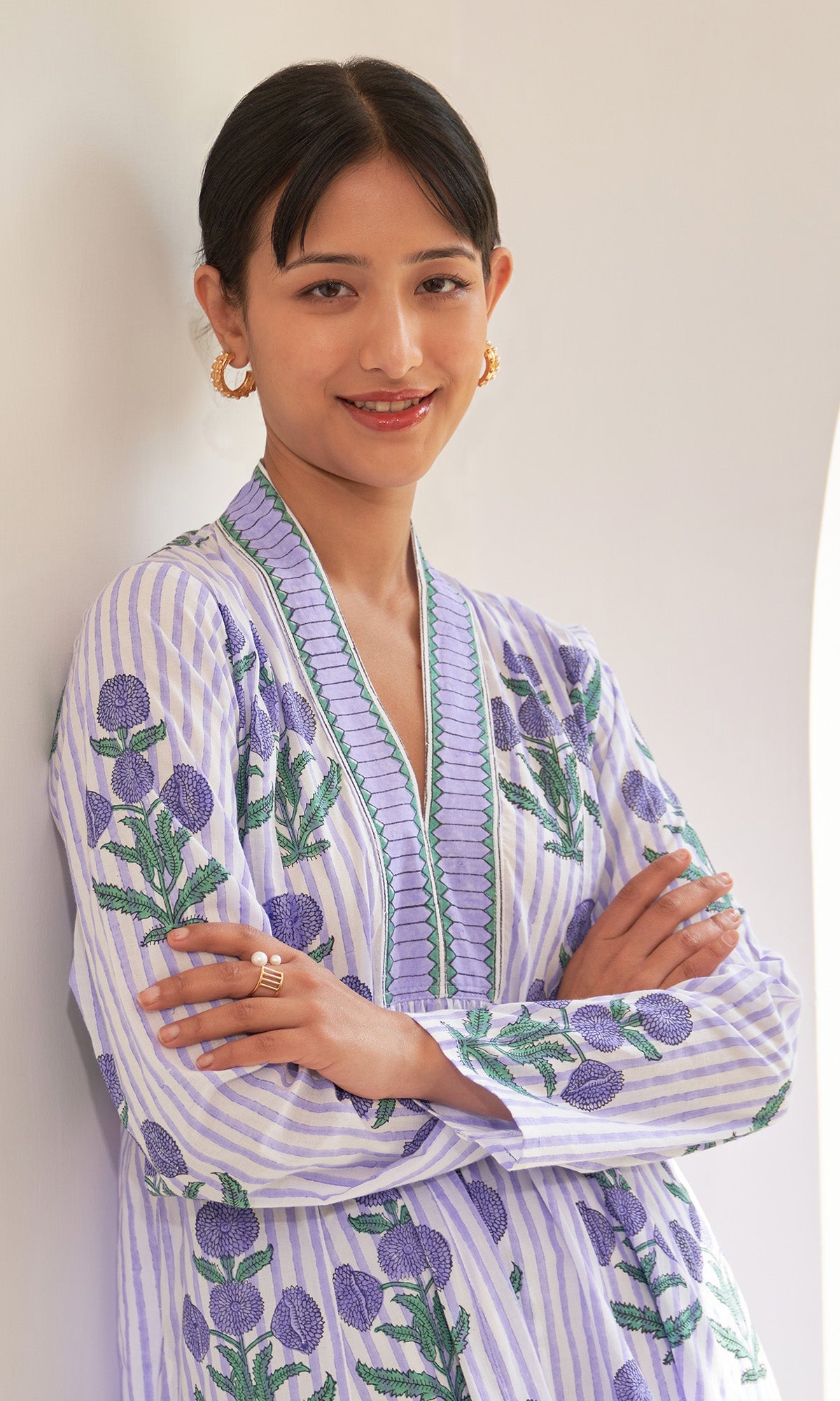 Iris Cotton Lilac Stripe Boota V- Neck Kurta Only