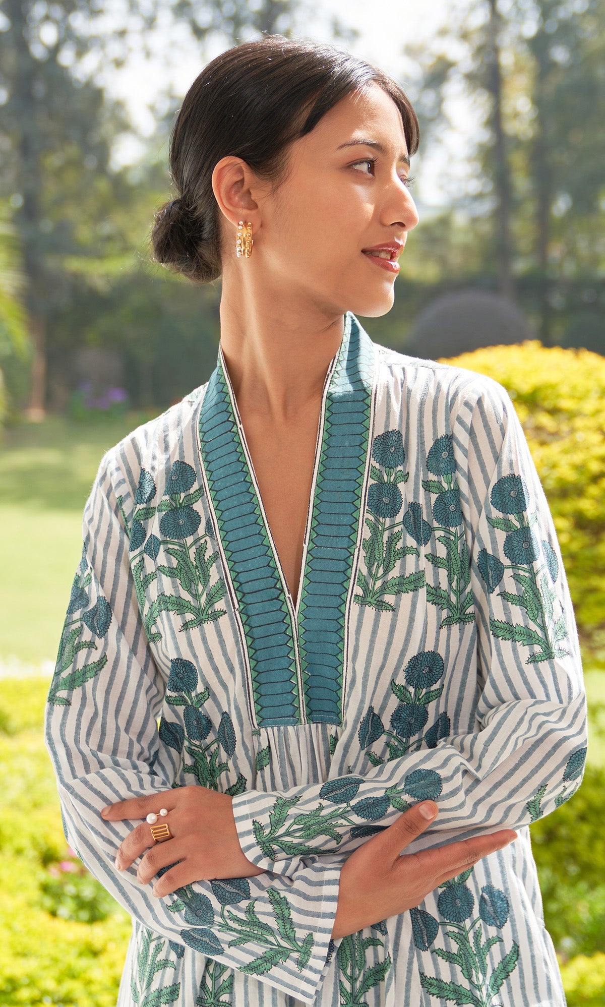 Iris Cotton Blue Stripe Boota V- Neck Kurta Only