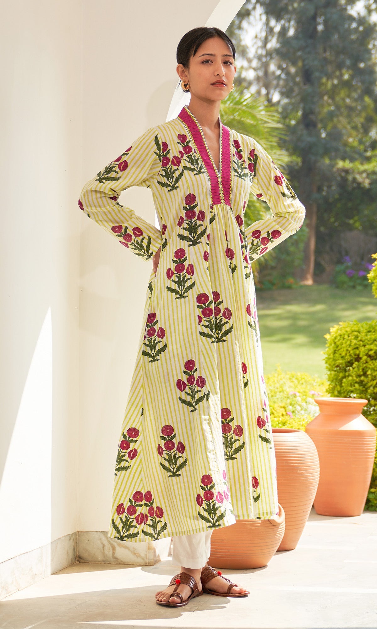 Iris Cotton Neon Green Stripe Boota V- Neck Kurta Only