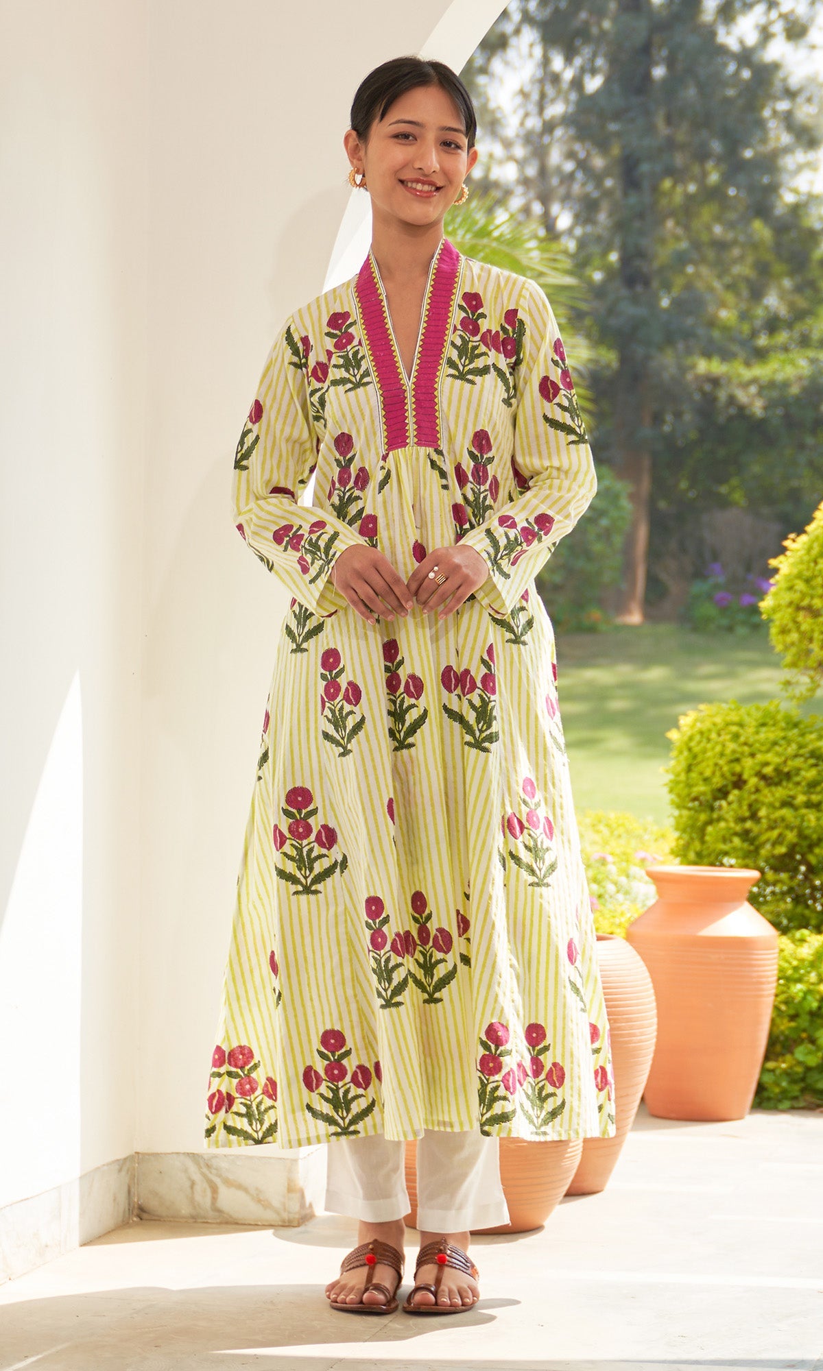 Iris Cotton Neon Green Stripe Boota V- Neck Kurta Only