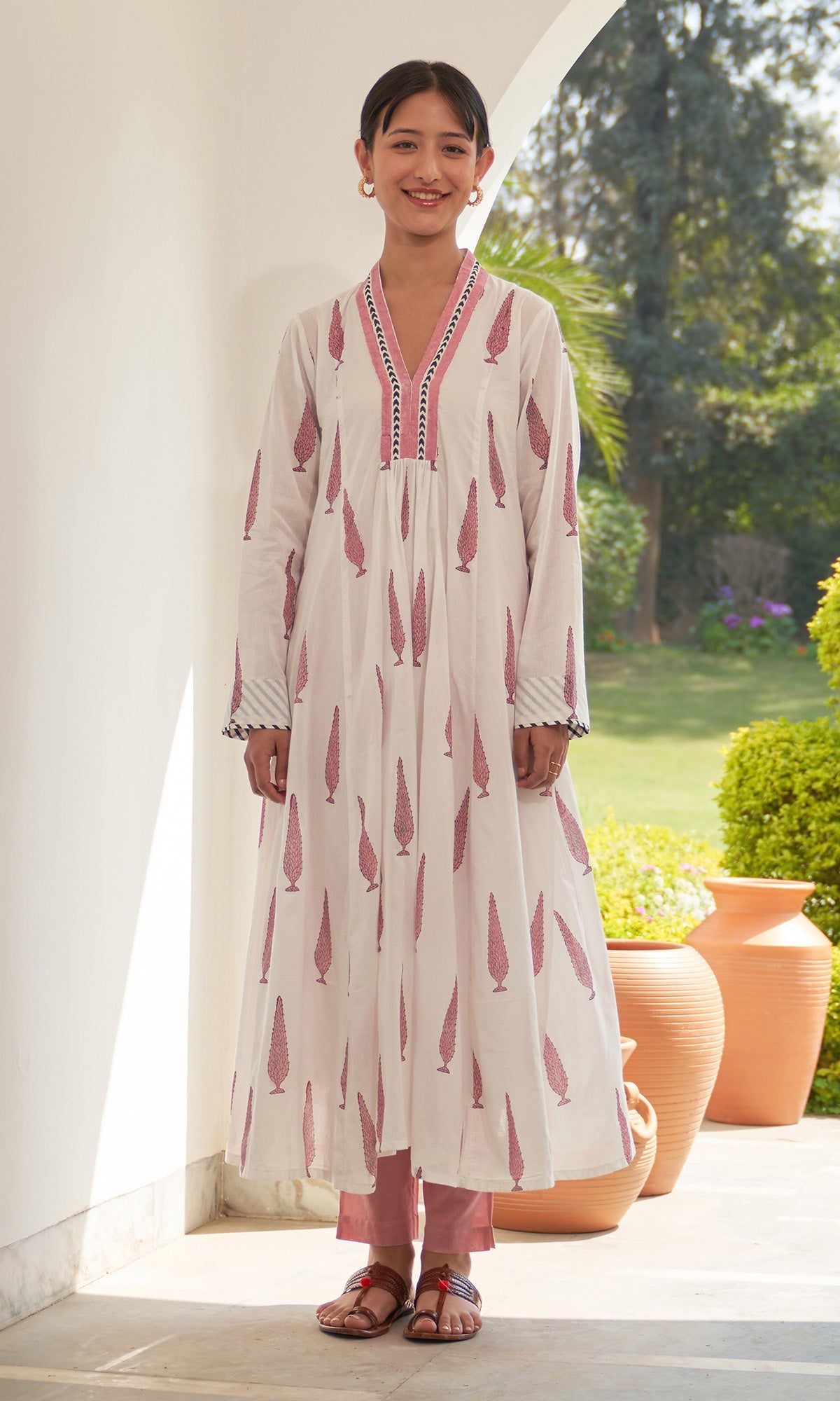 Iris Cotton Pink Leaf Boota V- Neck Kurta With Pants(Set Of 2)