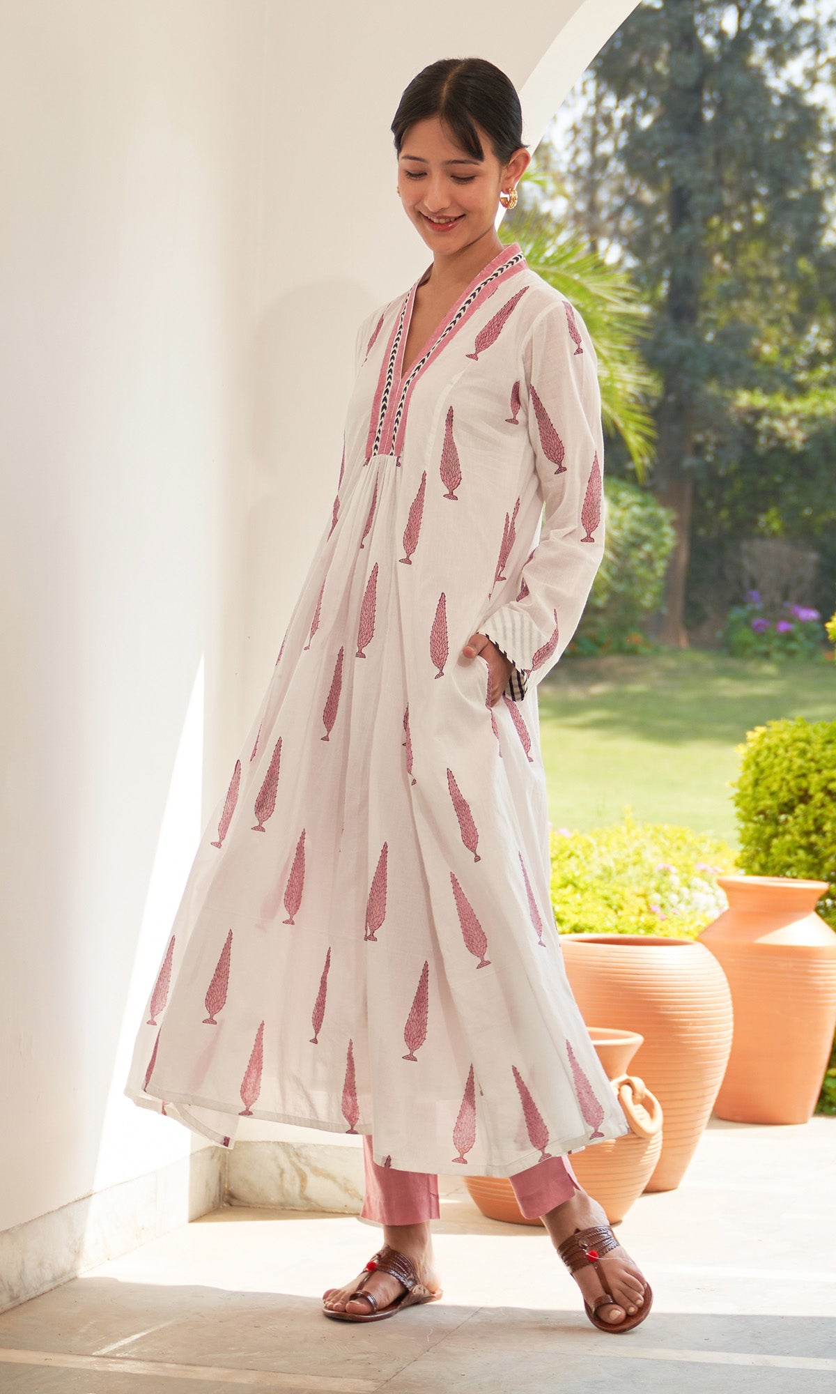 Iris Cotton Pink Leaf Boota V- Neck Only Kurta