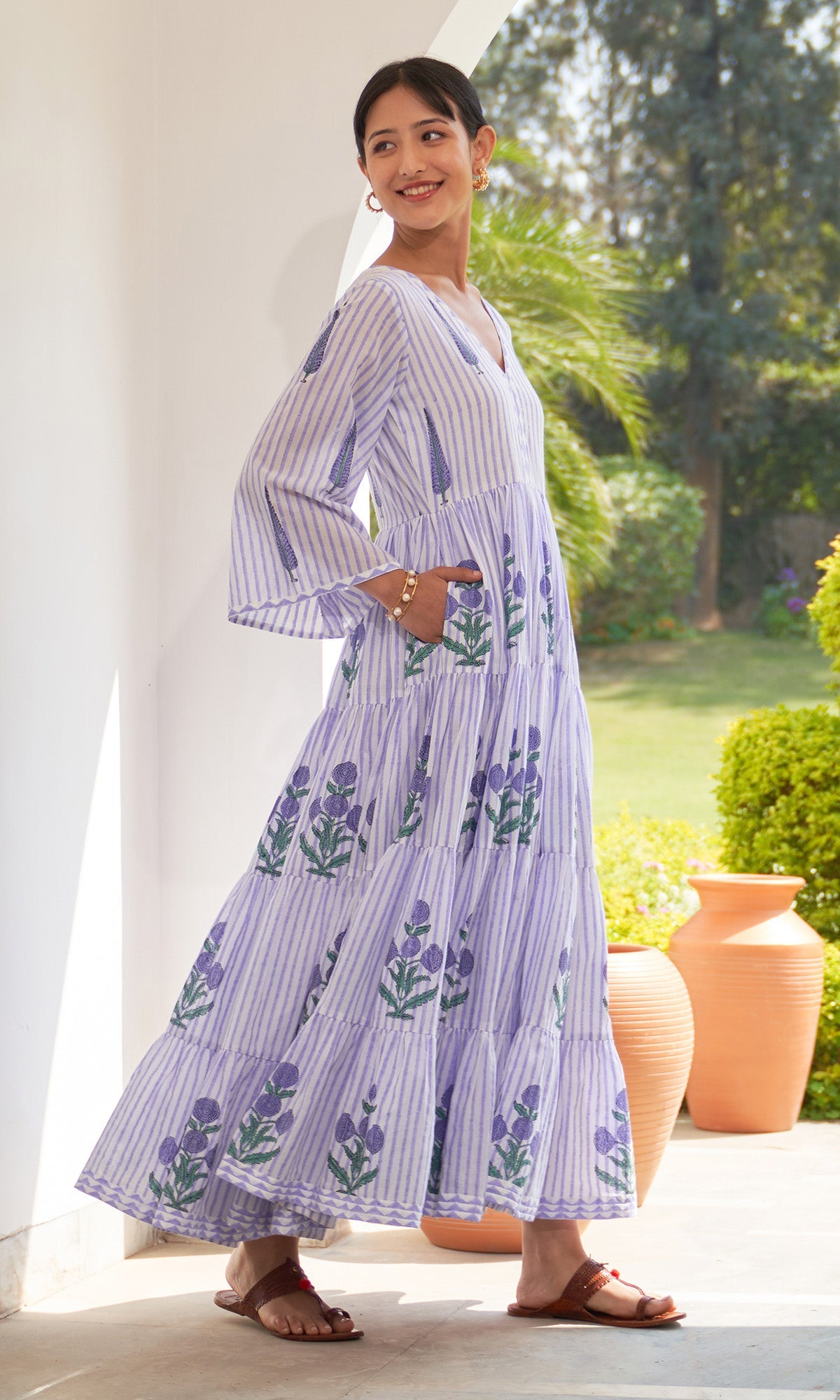 Iris Cotton Lilac Stripe Boota Gathered Dress