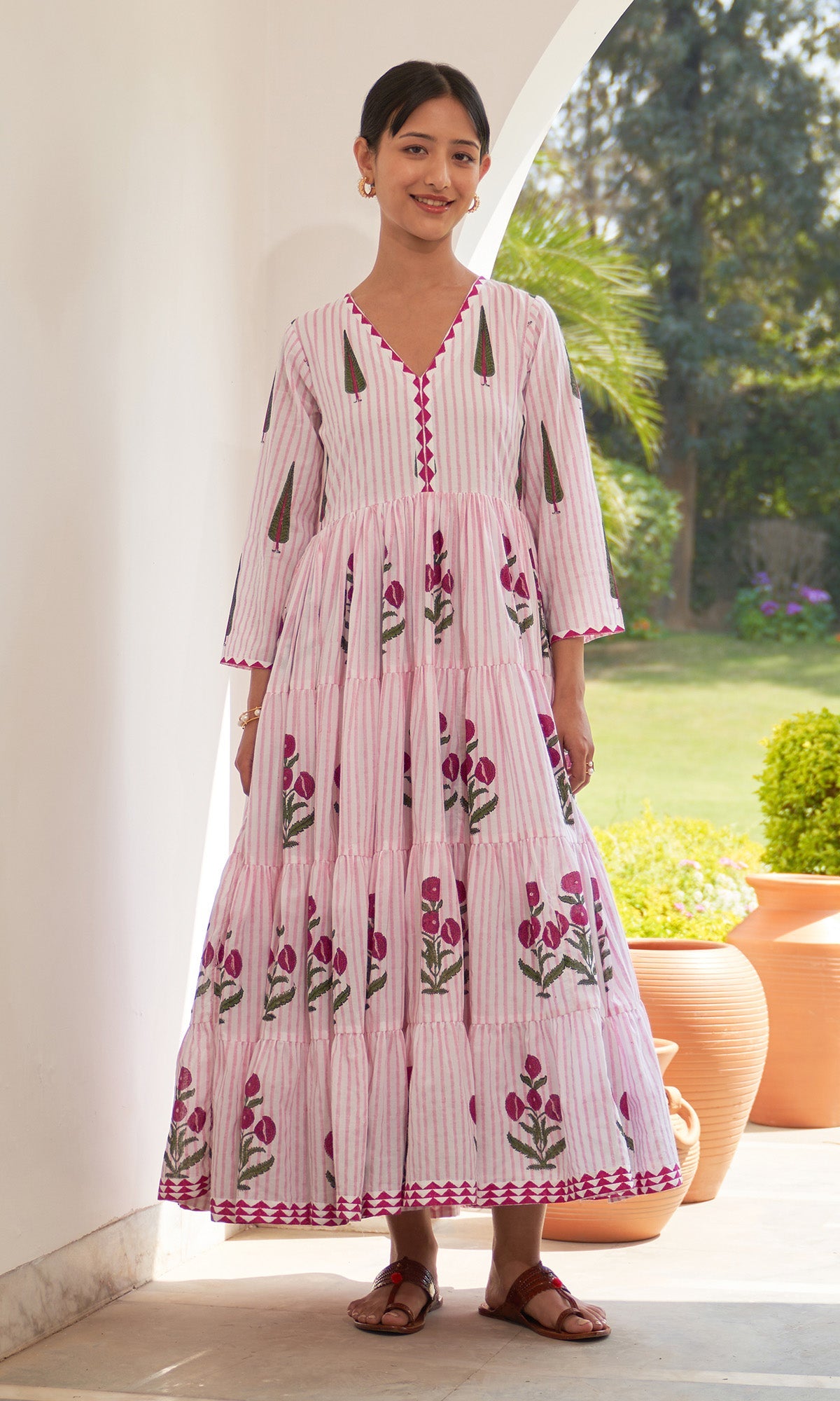 Iris Cotton Pink Stripe Boota Gathered Dress