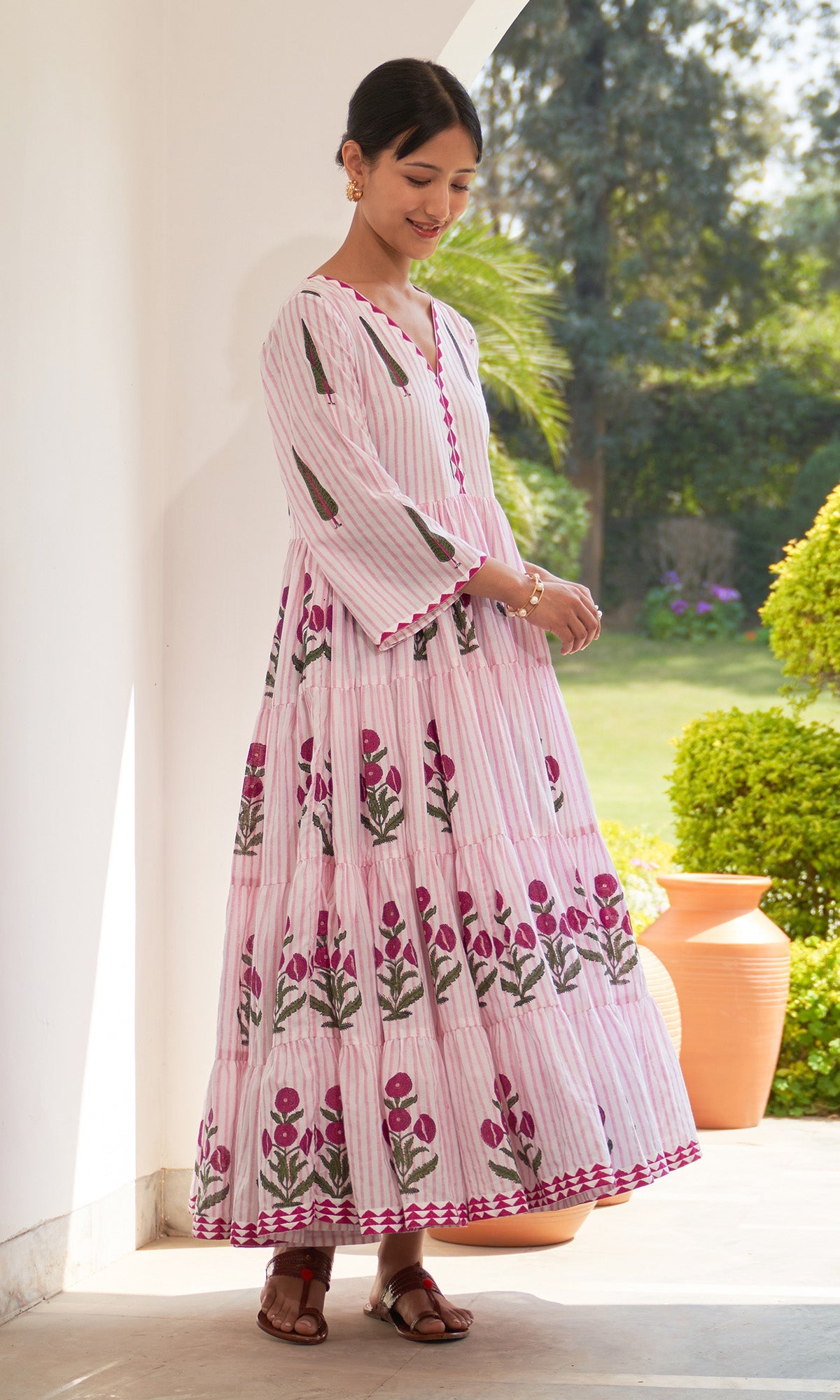 Iris Cotton Pink Stripe Boota Gathered Dress