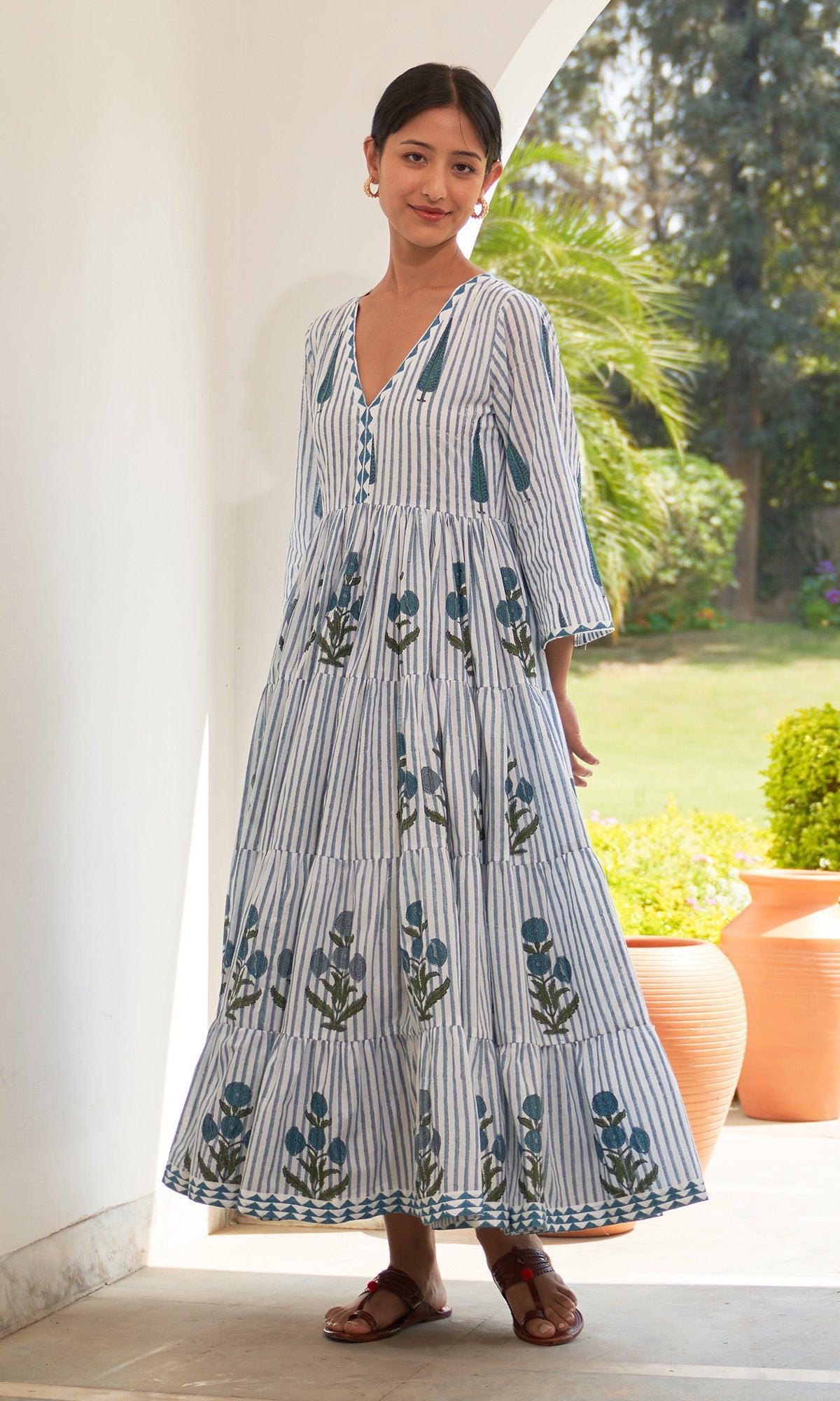 Iris Cotton Blue Stripe Boota Gathered Dress