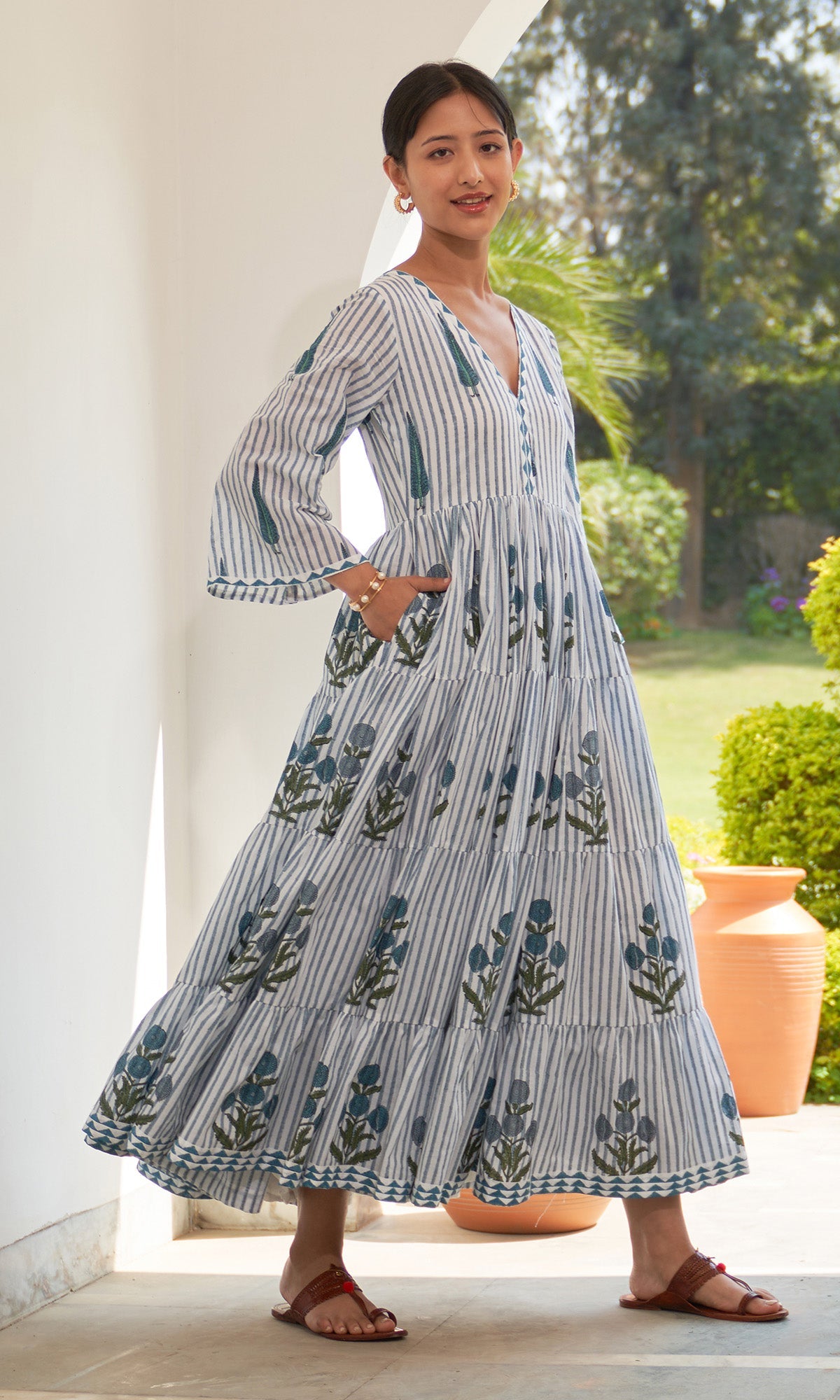 Iris Cotton Blue Stripe Boota Gathered Dress