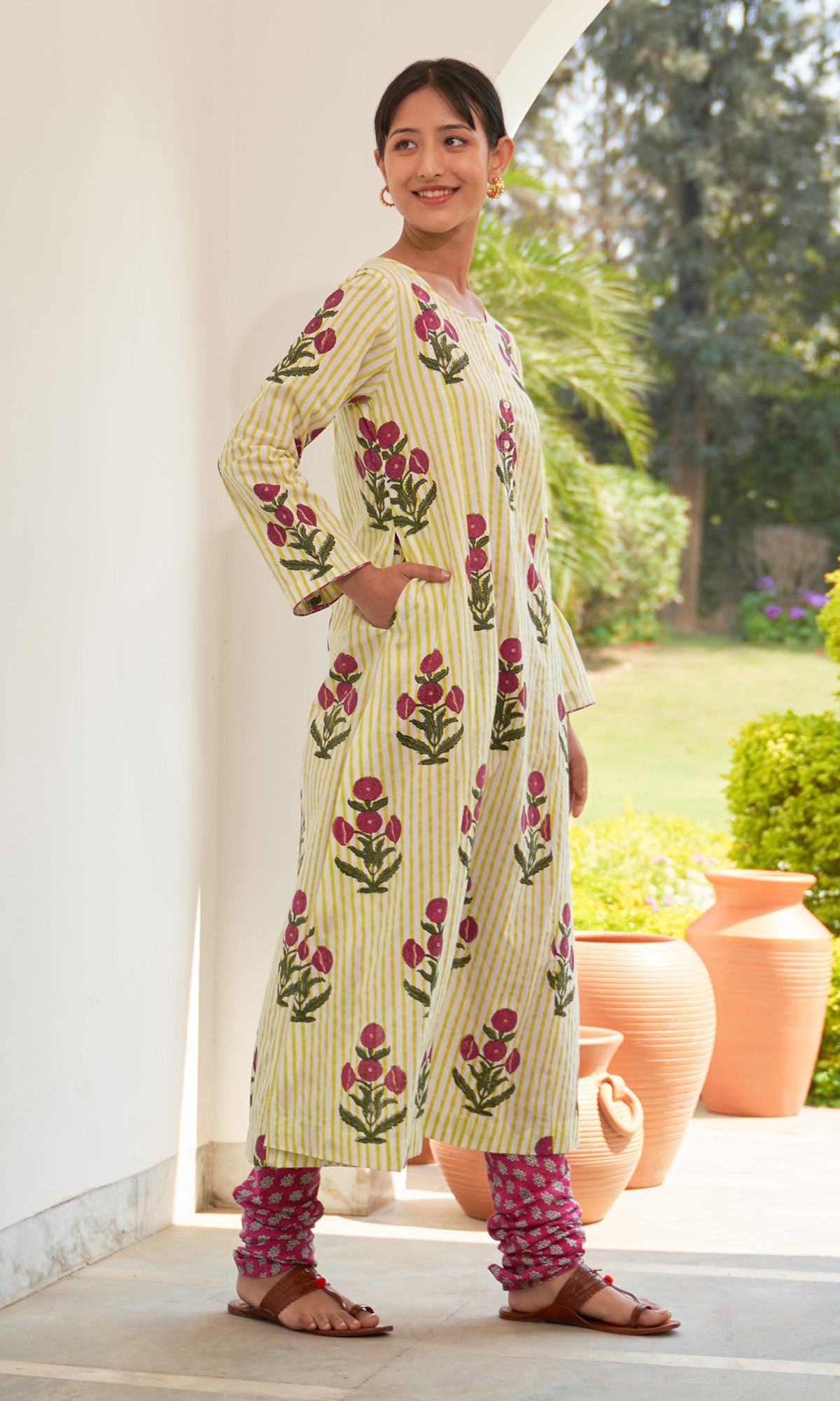 Iris Cotton Neon Green Hand Block Printed Long Kurta With Chooridar And Dupatta (Set Of 3)
