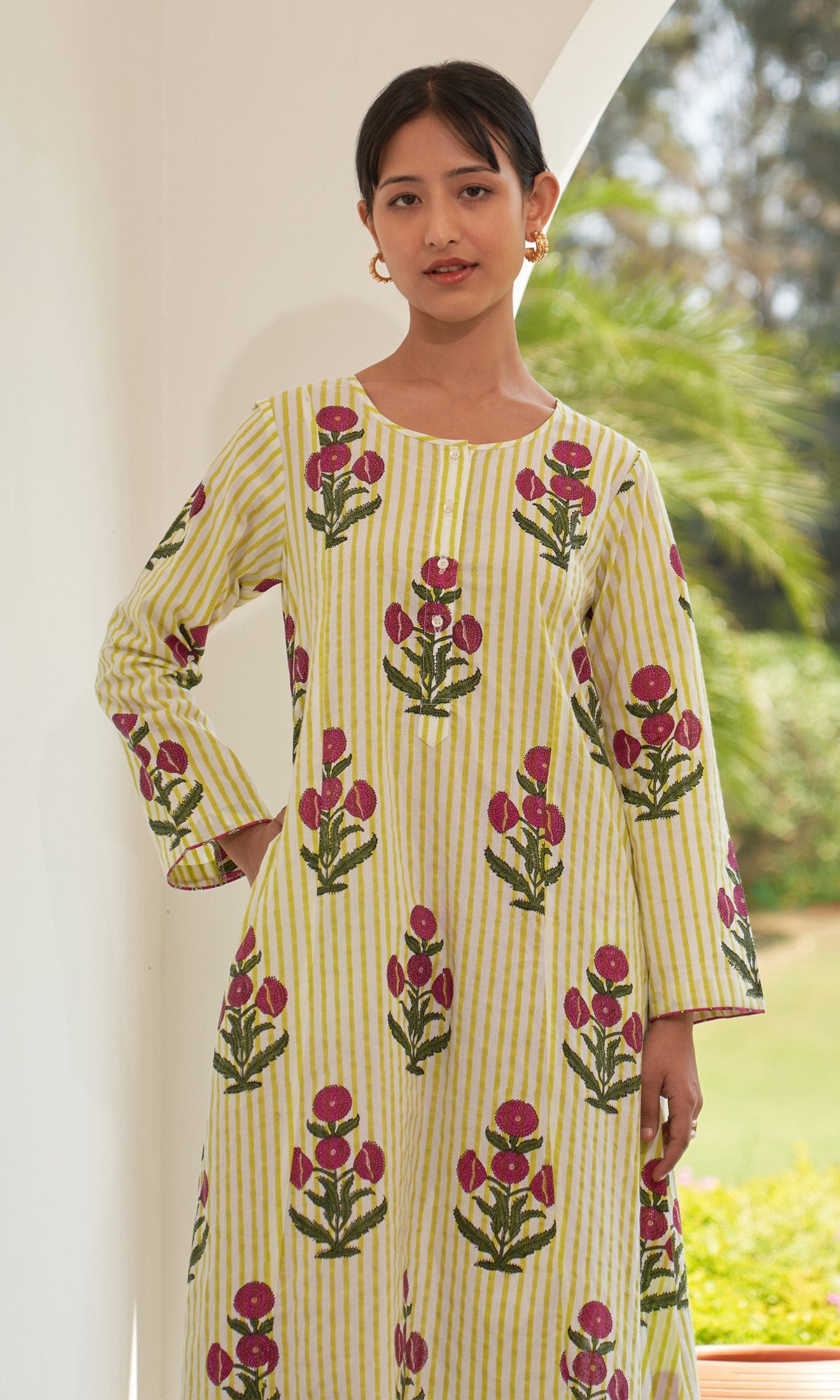 Iris Cotton Neon Green Hand Block Printed Long Kurta With Chooridar And Dupatta (Set Of 3)