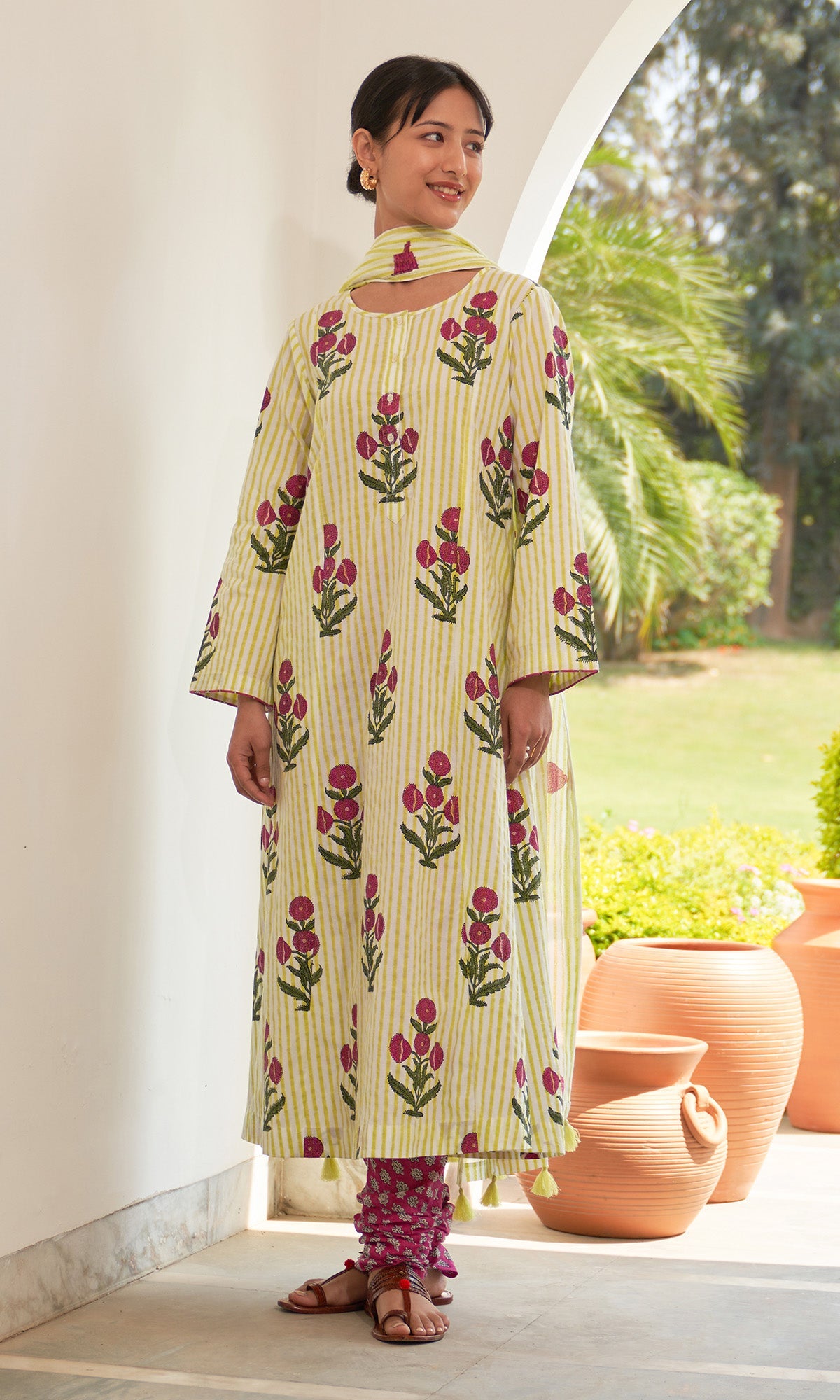 Iris Cotton Neon Green Hand Block Printed Long Kurta With Chooridar And Dupatta (Set Of 3)