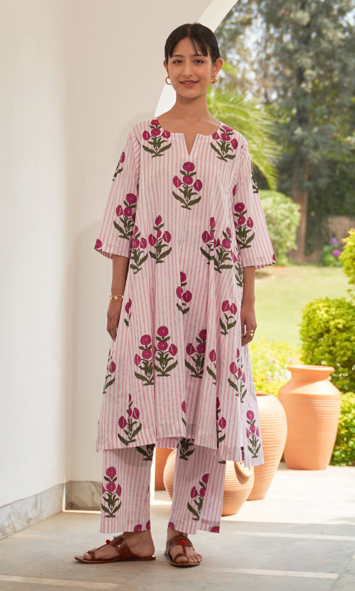 Iris Cotton Pink Stripe Boota Choga With Palazzo (Set Of 2)