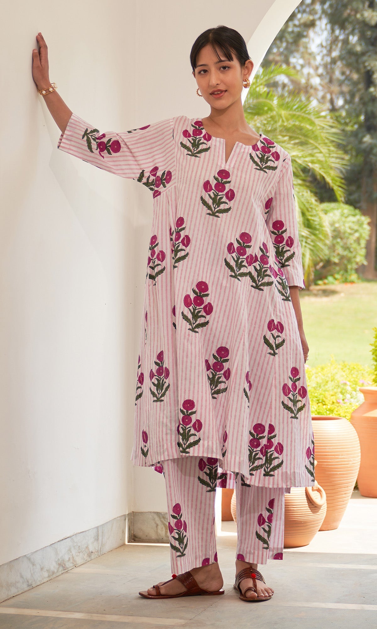 Iris Cotton Pink Stripe Boota Choga With Palazzo (Set Of 2)