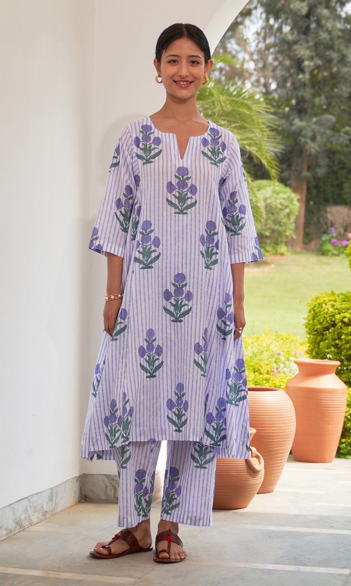 Iris Cotton Lilac Stripe Boota Choga With Palazzo (Set Of 2)