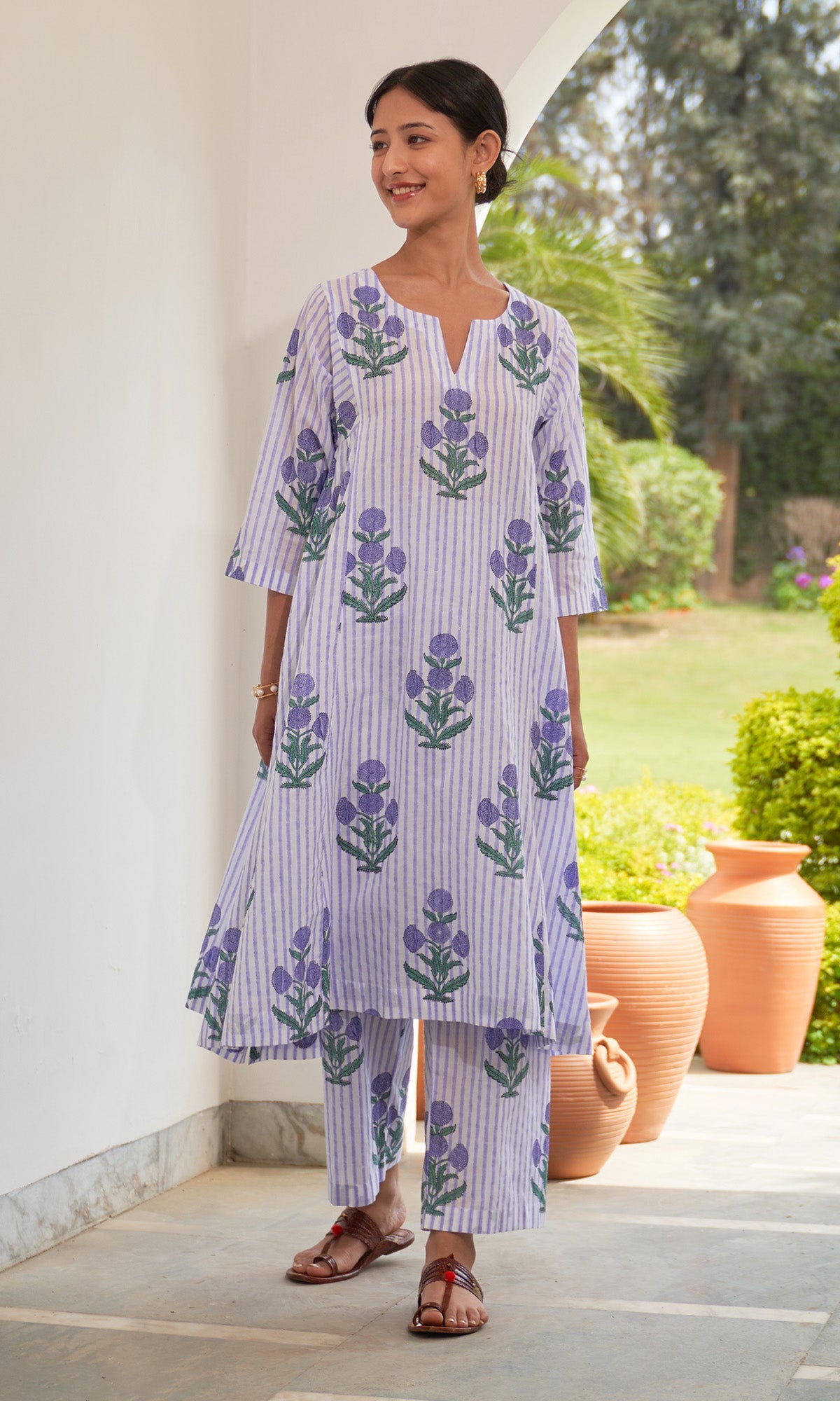 Iris Cotton Lilac Stripe Boota Choga With Palazzo (Set Of 2)