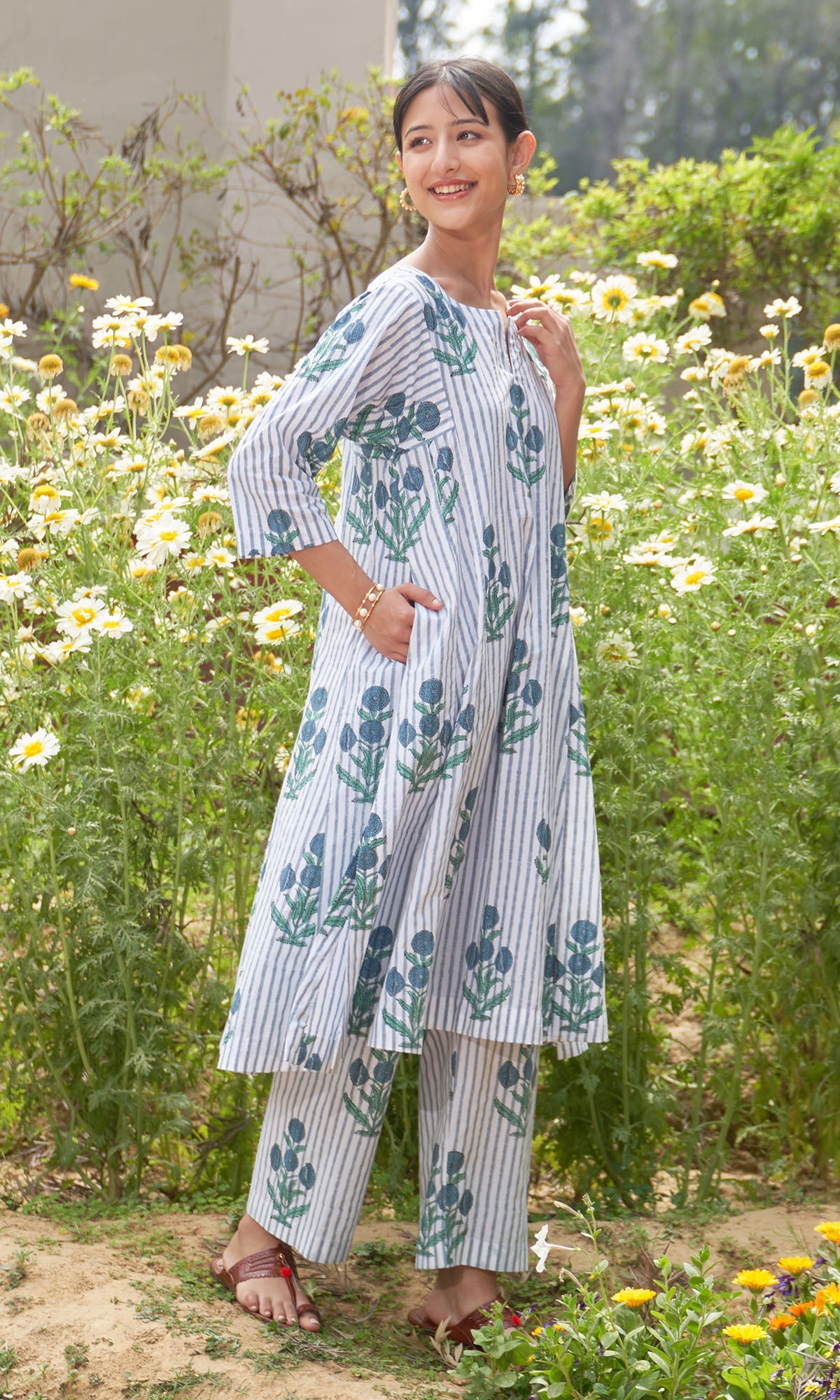 Iris Cotton Blue Stripe Boota Choga With Palazzo (Set Of 2)
