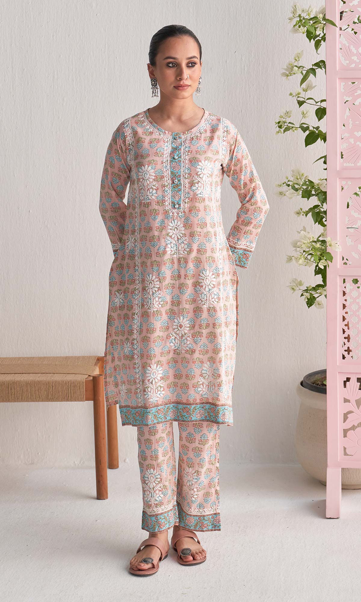Handcrafted Chikankari Peach 2PC Kurta-Pant Set