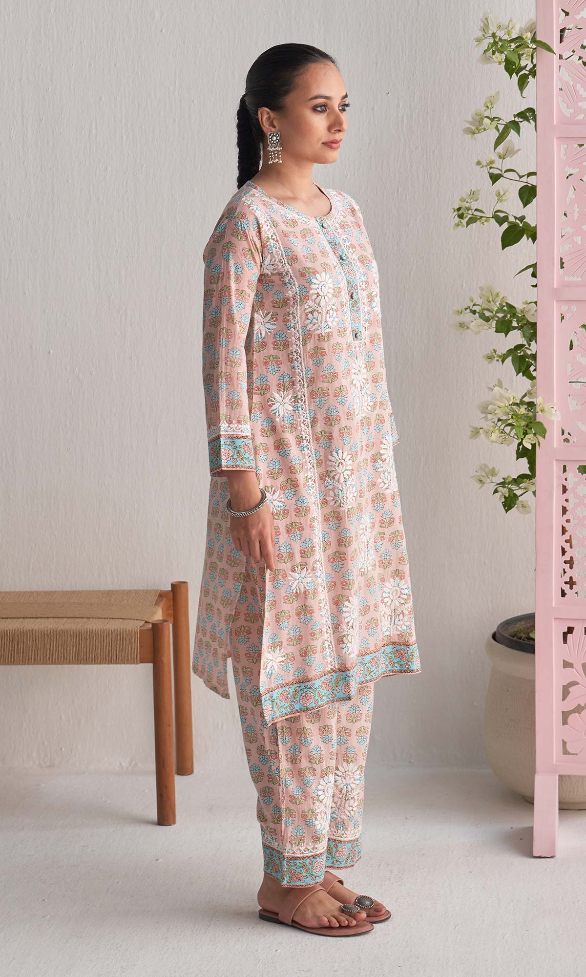 Handcrafted Chikankari Peach 2PC Kurta-Pant Set