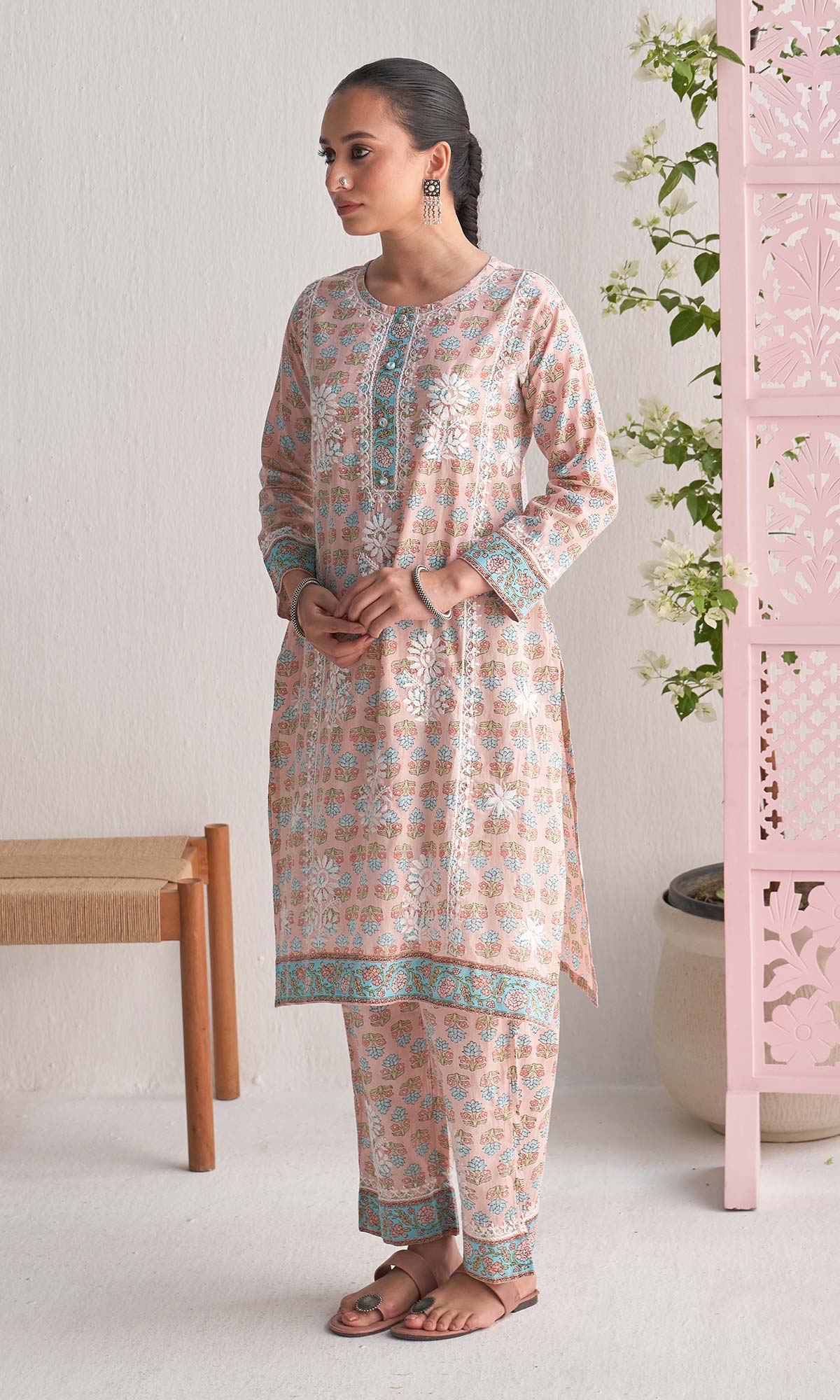 Handcrafted Chikankari Peach 2PC Kurta-Pant Set