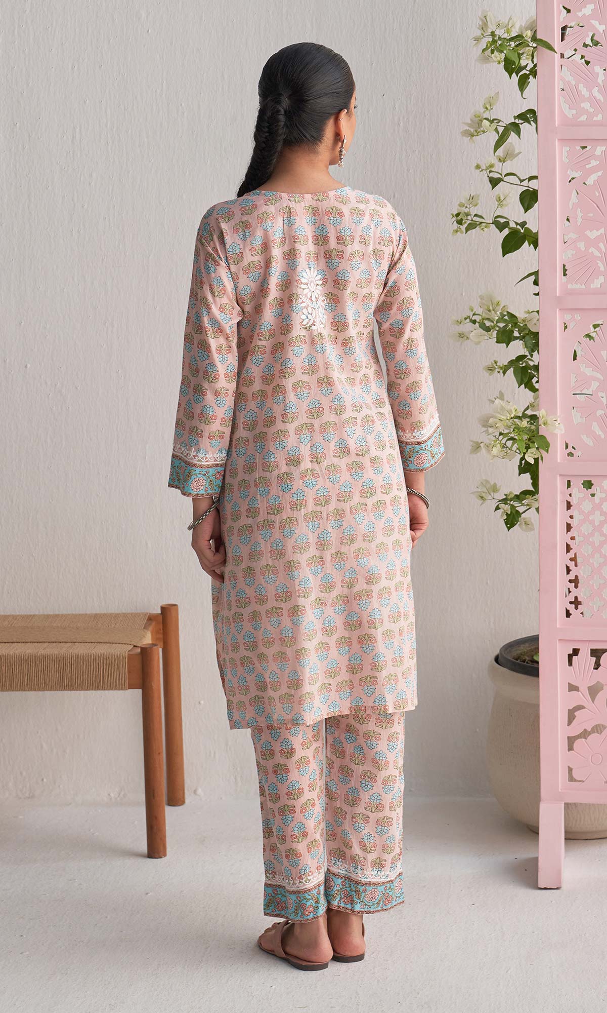 Handcrafted Chikankari Peach 2PC Kurta-Pant Set