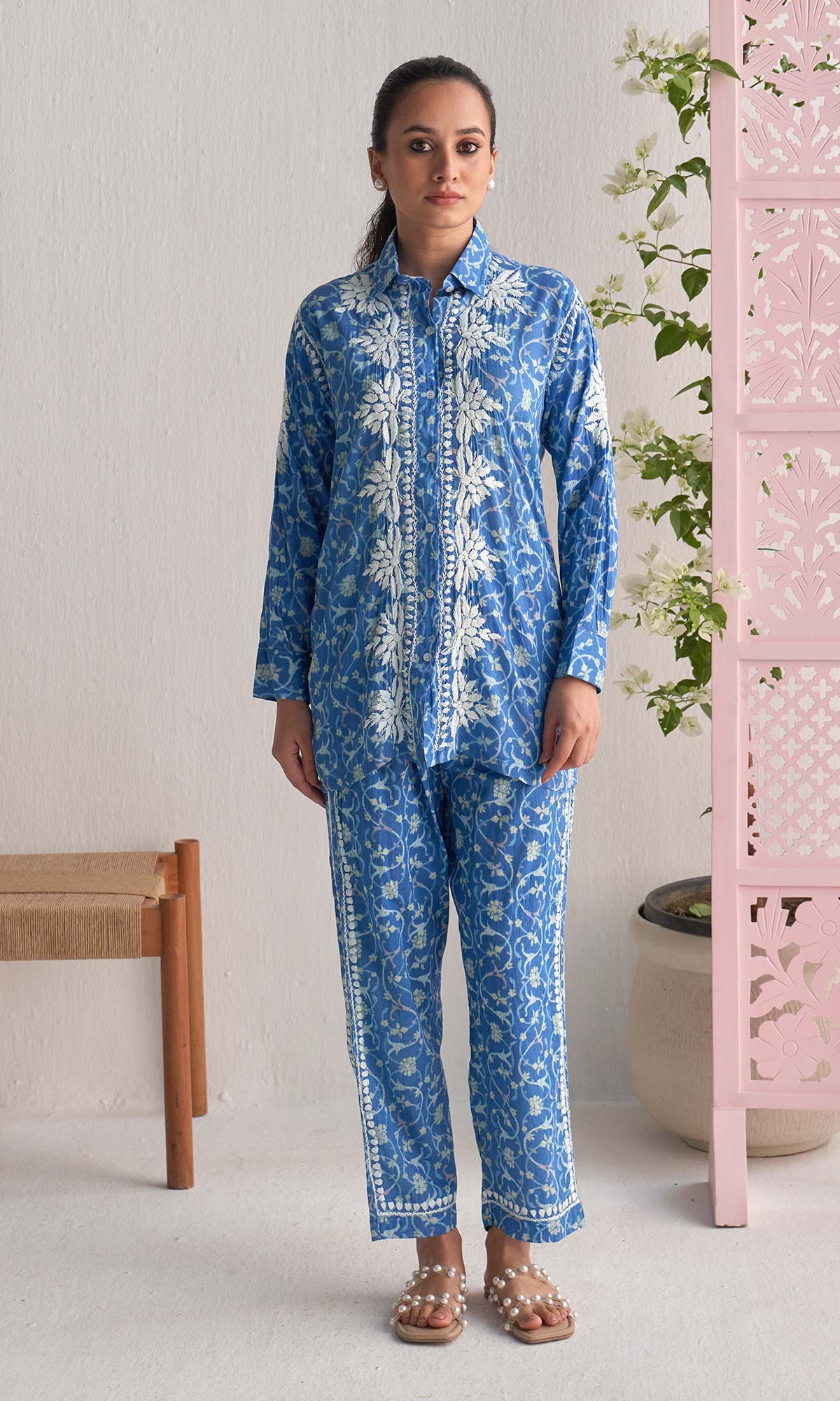 Handcrafted Chikankari Blue Printed Co-ord Set