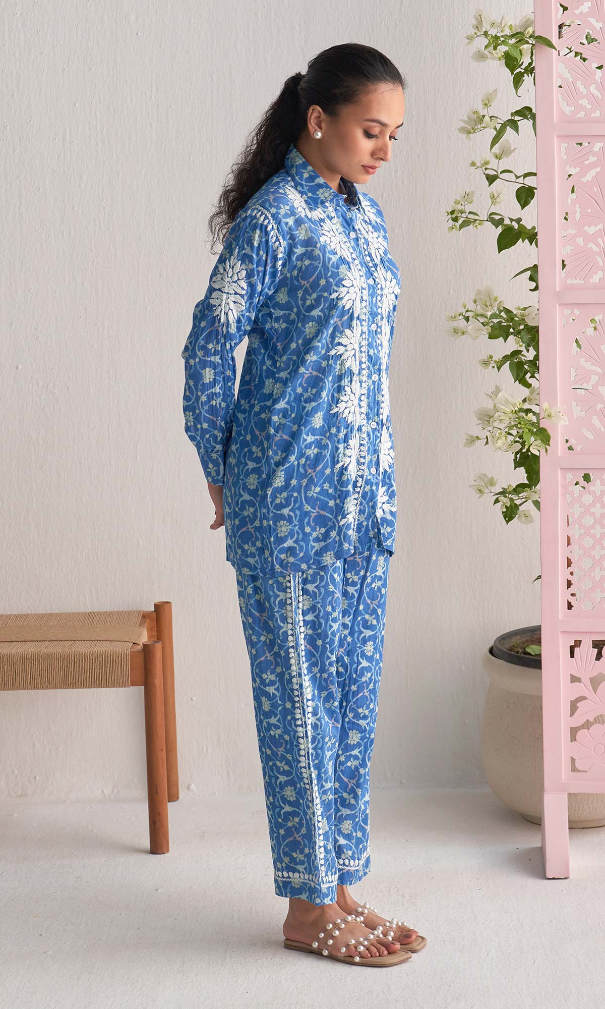 Handcrafted Chikankari Blue Printed Co-ord Set
