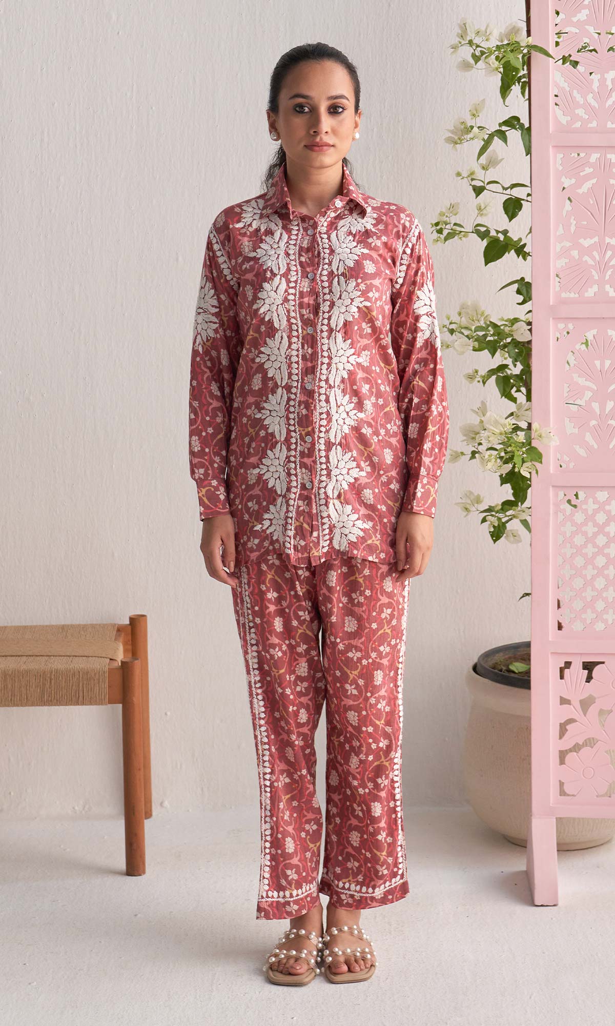 Handcrafted Chikankari Pink Printed Co-ord Set