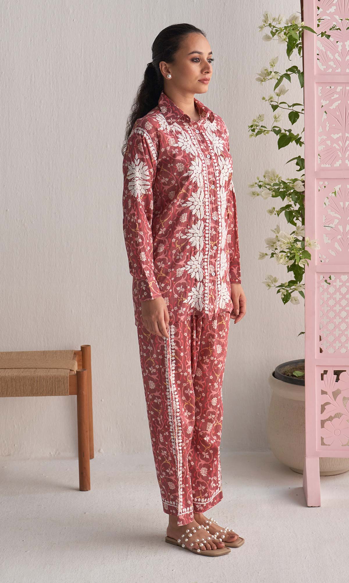 Handcrafted Chikankari Pink Printed Co-ord Set