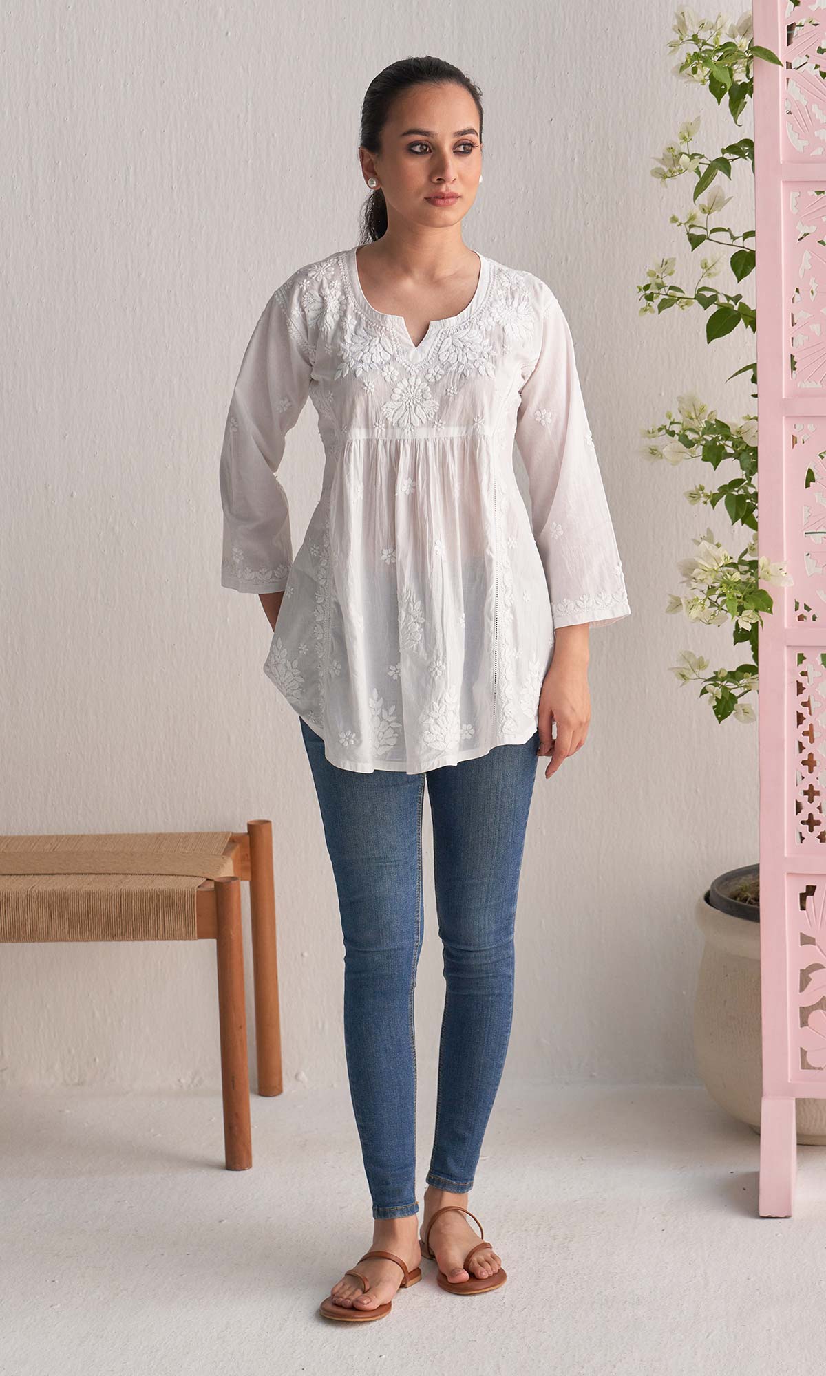Handcrafted Chikankari White A-Line Short Kurta