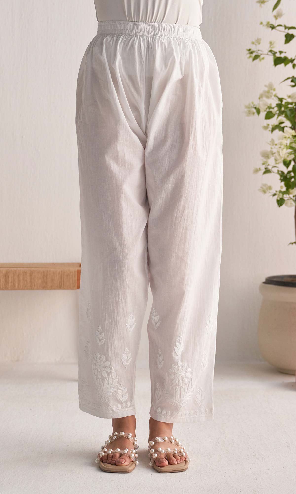 Handcrafted Chikankari White Straight Pants