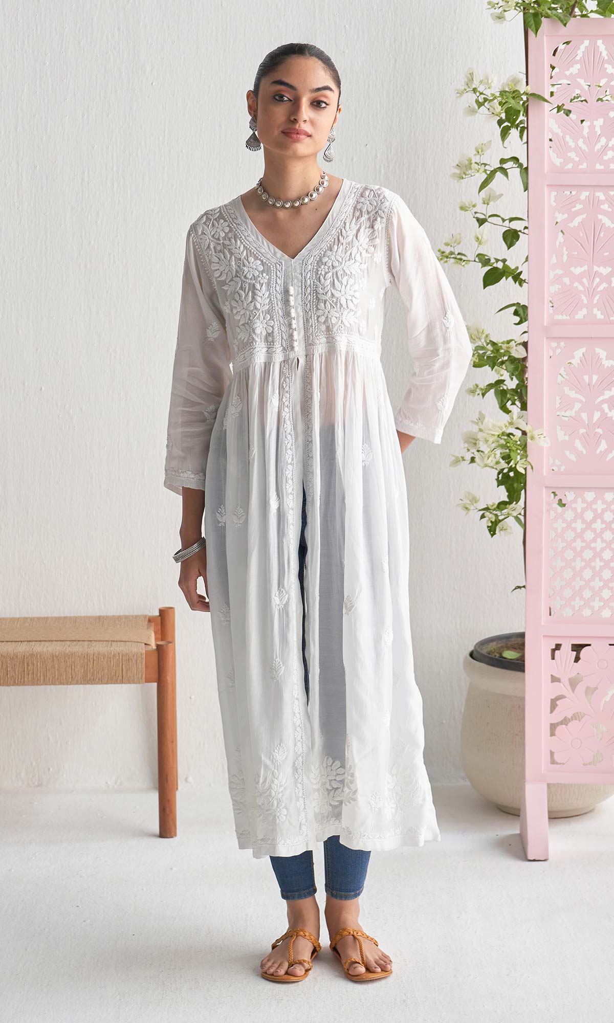 Handcrafted Chikankari White A-Line Front Open Yoke Kurta