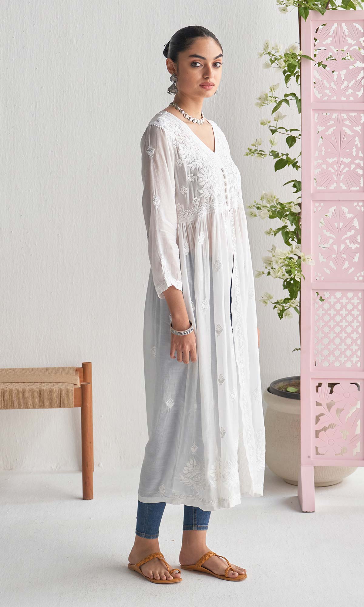 Handcrafted Chikankari White A-Line Front Open Yoke Kurta