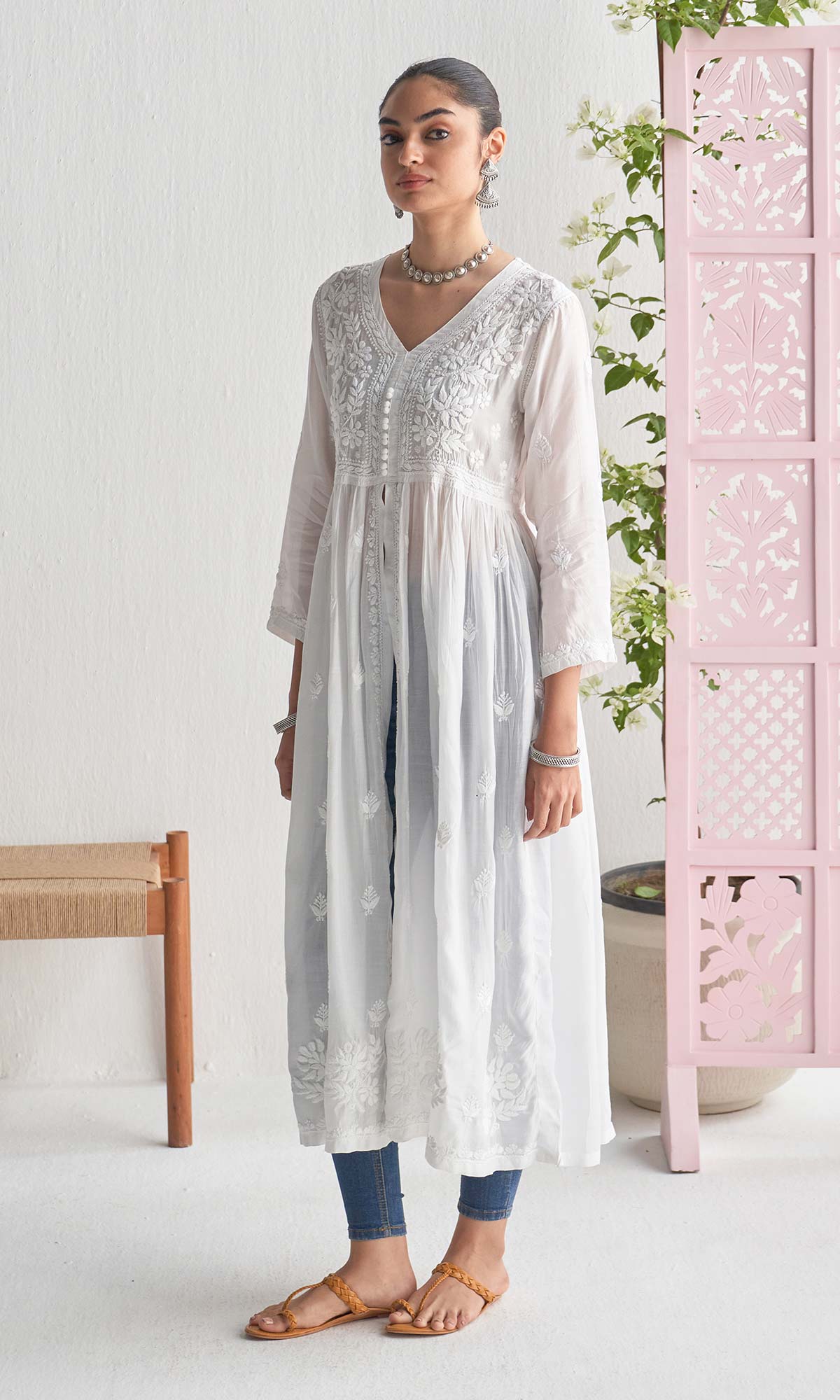 Handcrafted Chikankari White A-Line Front Open Yoke Kurta