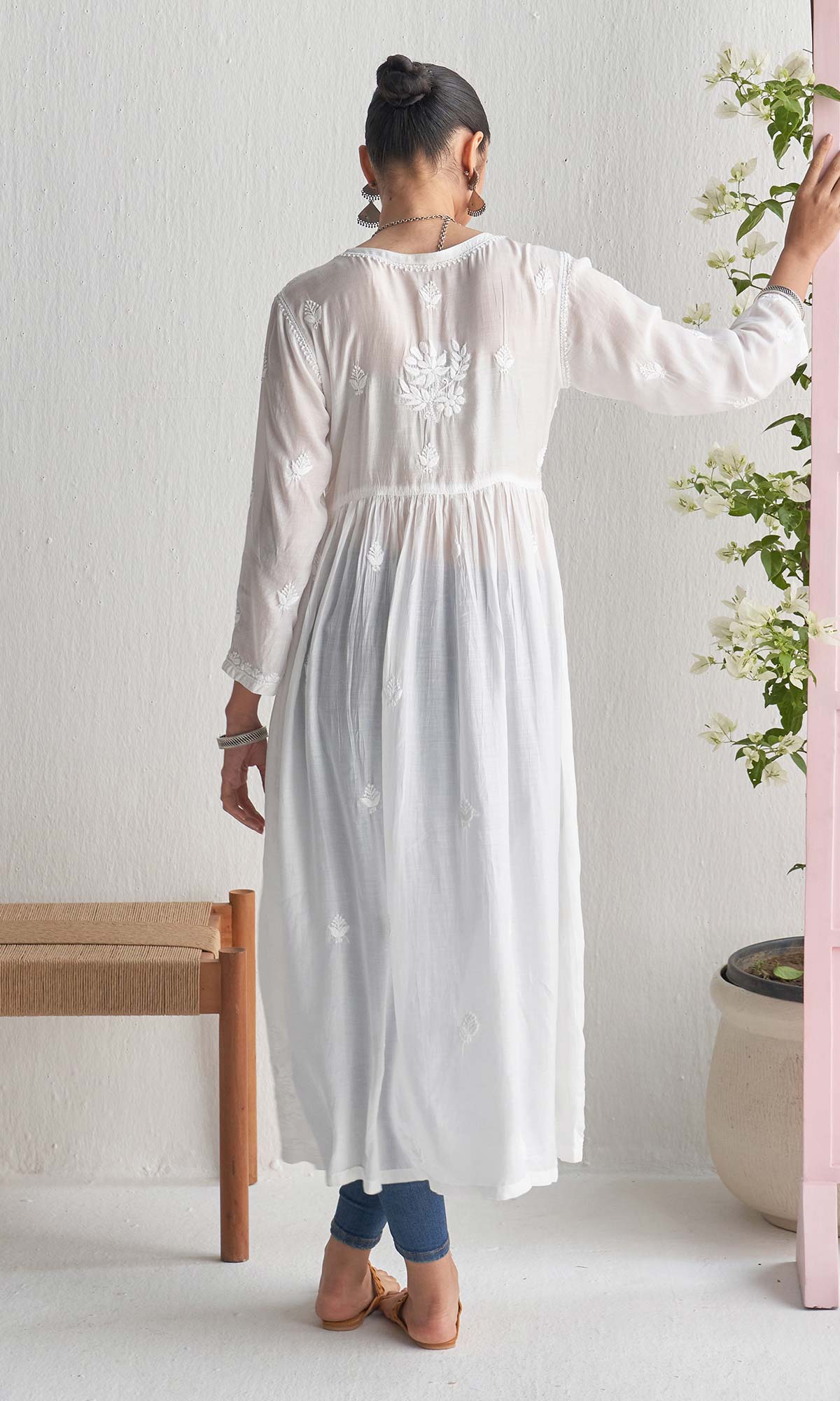 Handcrafted Chikankari White A-Line Front Open Yoke Kurta