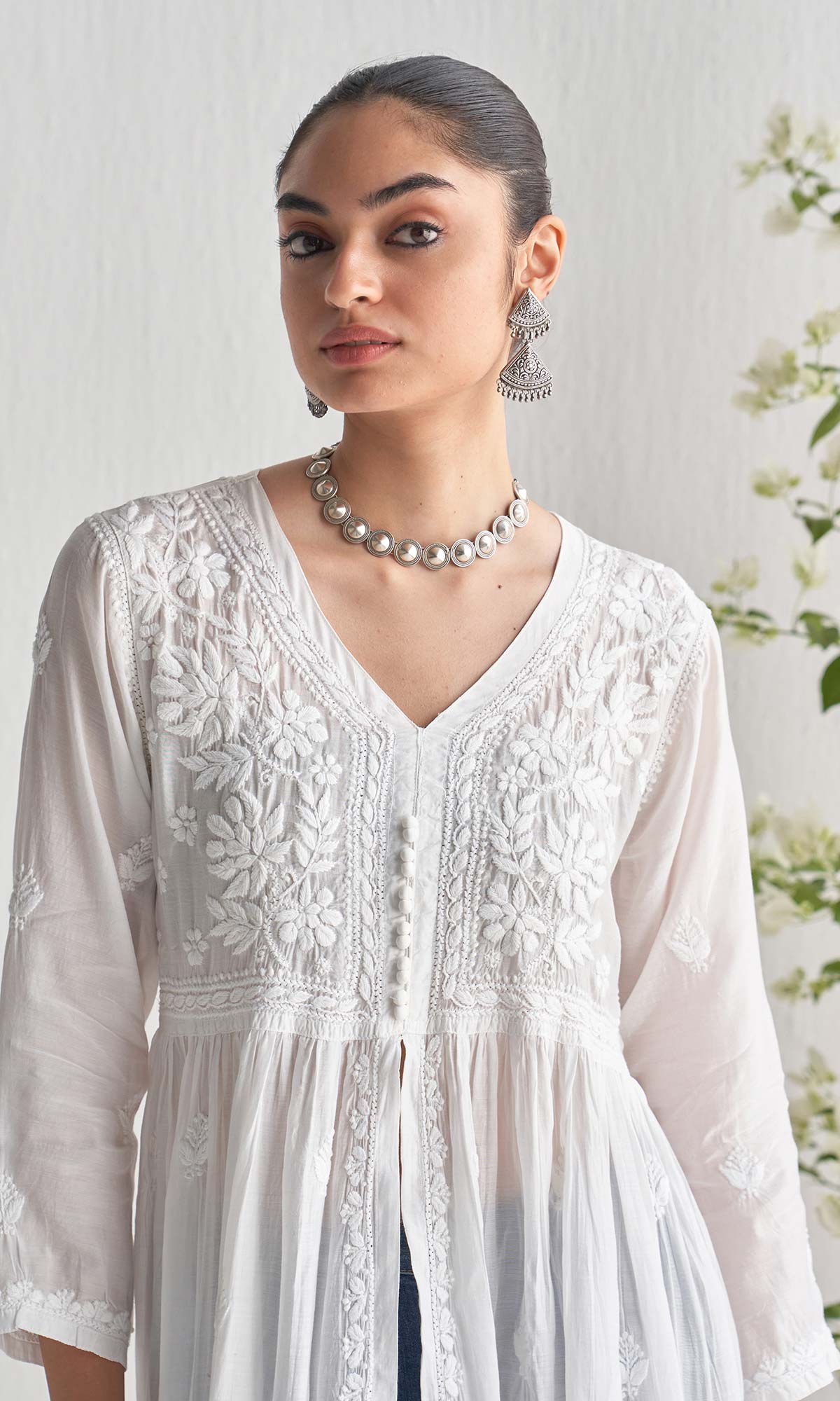 Handcrafted Chikankari White A-Line Front Open Yoke Kurta