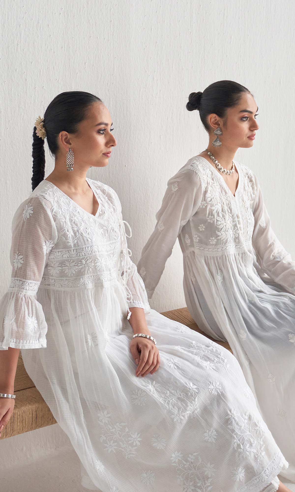 Handcrafted Chikankari White A-Line Front Open Yoke Kurta