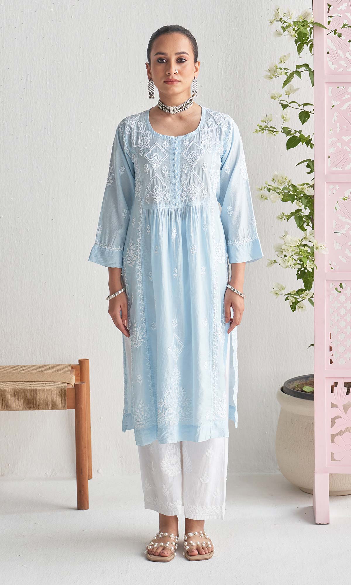 Handcrafted Chikankari Blue Straight Kurta