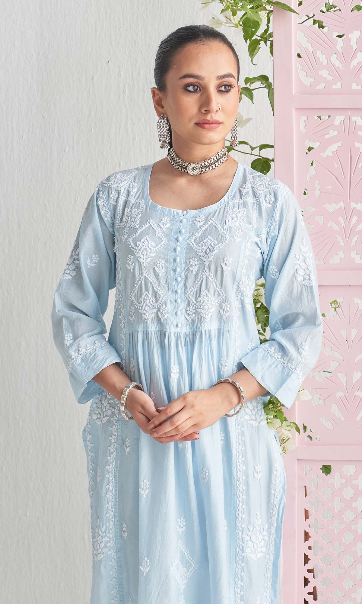 Handcrafted Chikankari Blue Straight Kurta