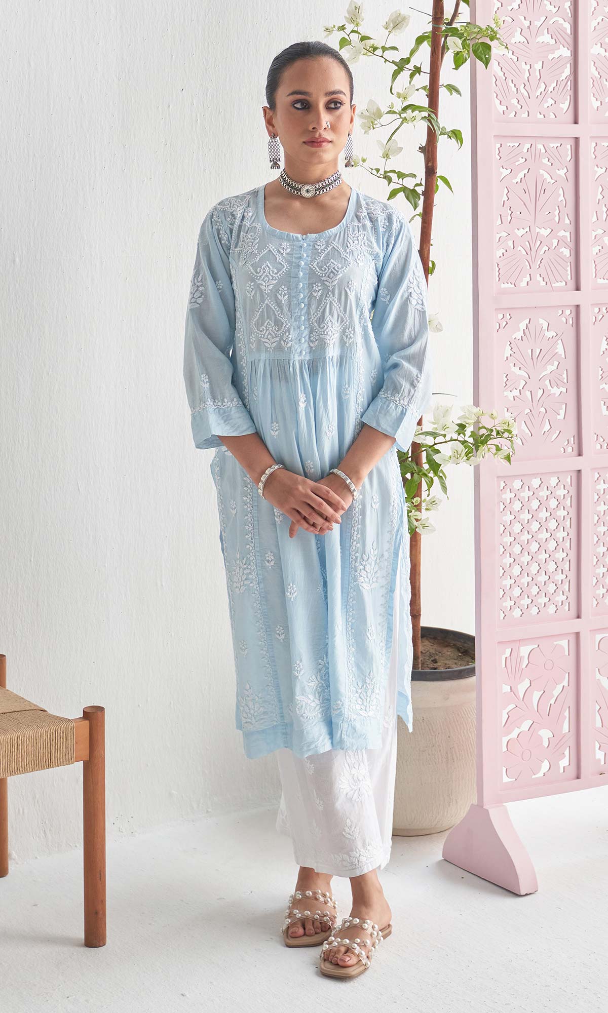Handcrafted Chikankari Blue Straight Kurta