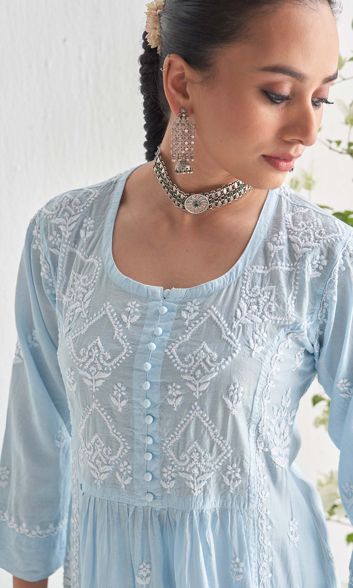 Handcrafted Chikankari Blue Straight Kurta