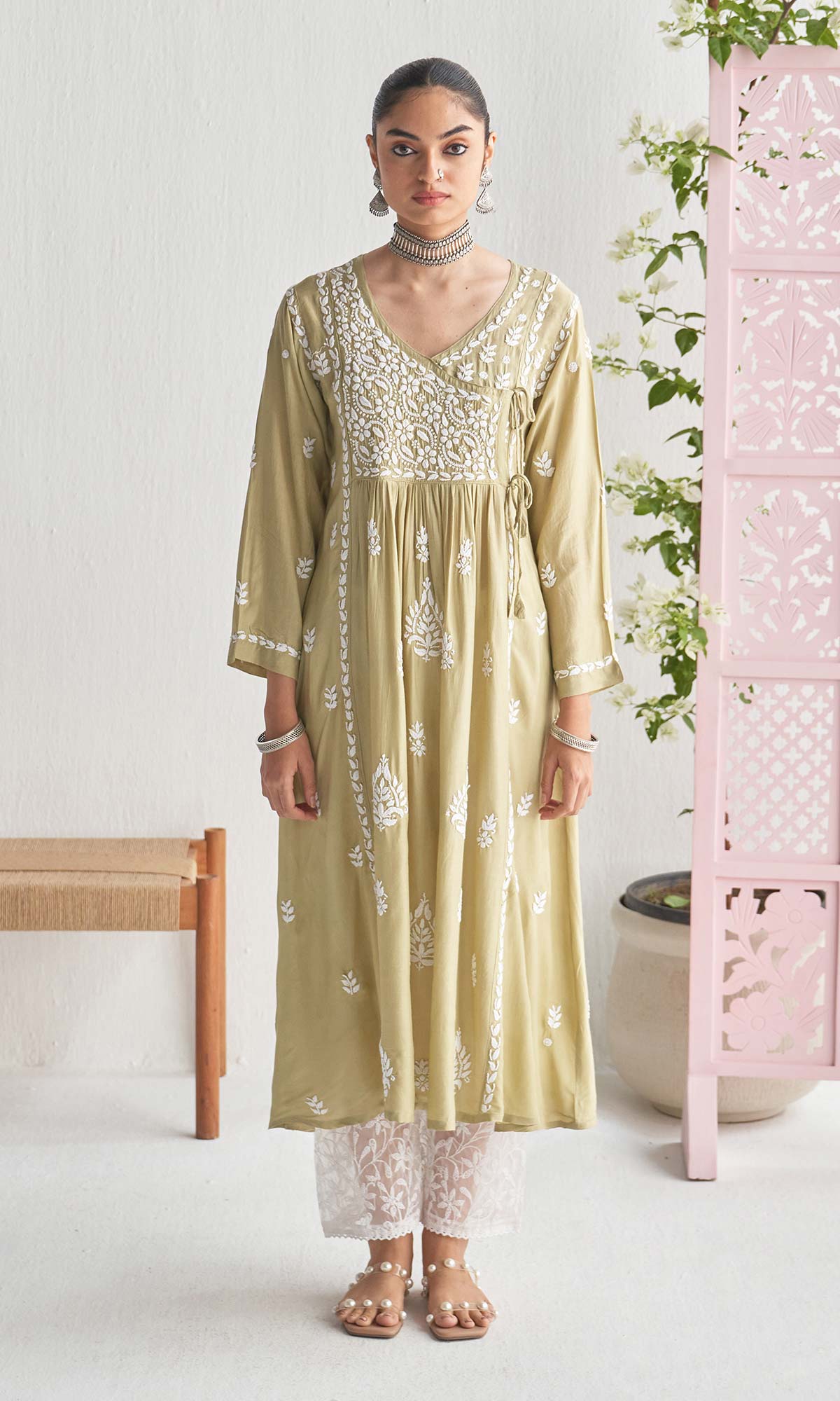 Handcrafted Chikankari Green Angrakha