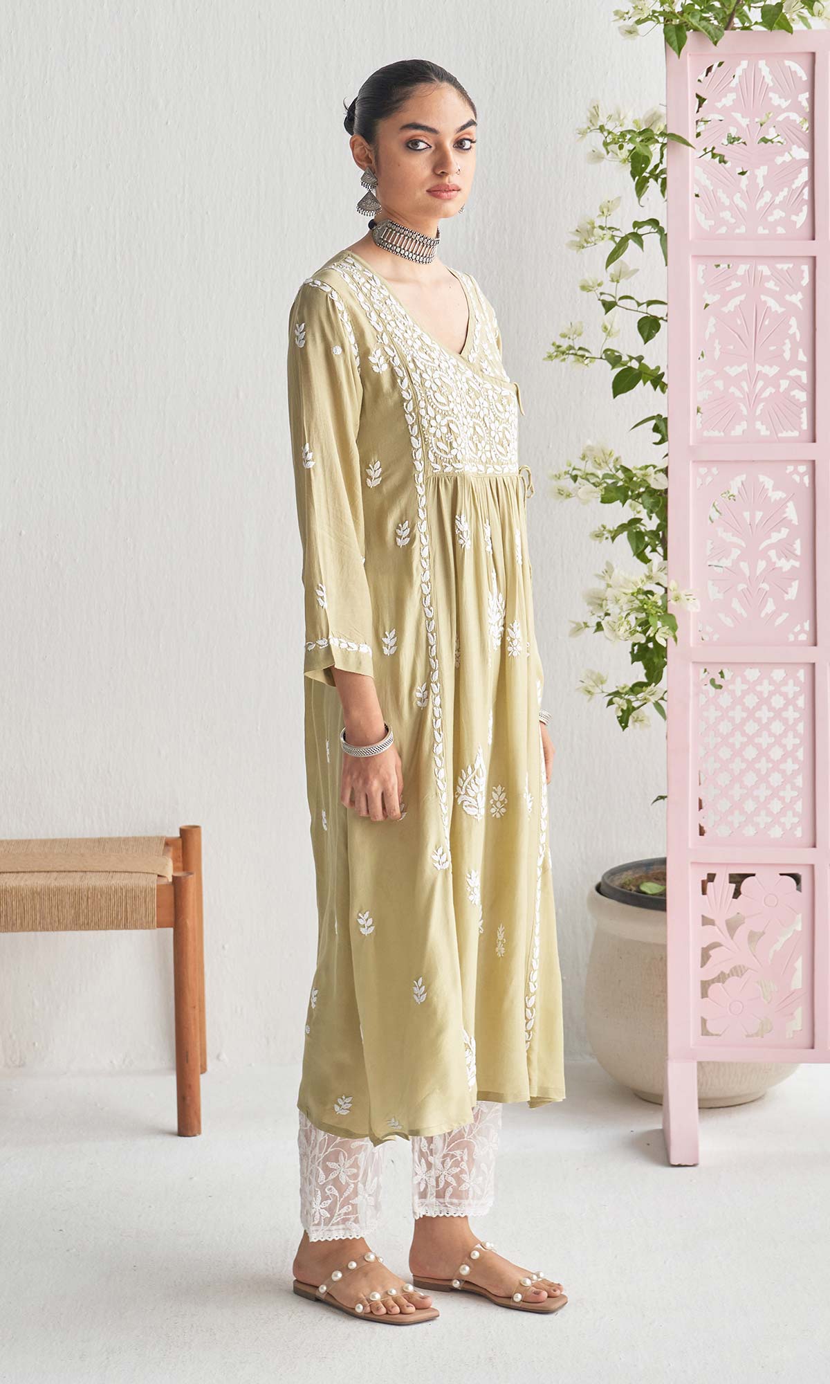 Handcrafted Chikankari Green Angrakha