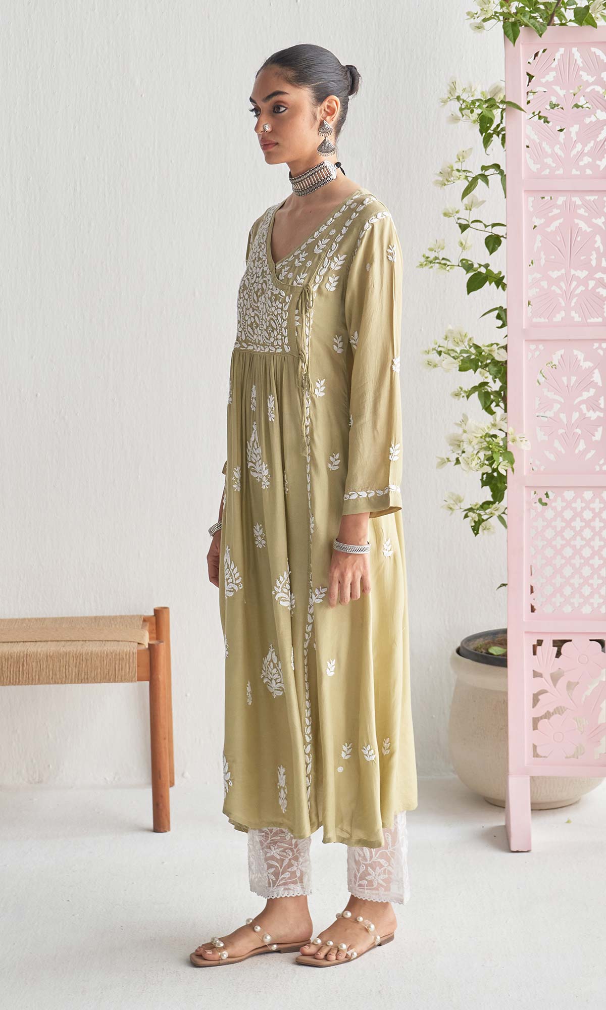Handcrafted Chikankari Green Angrakha