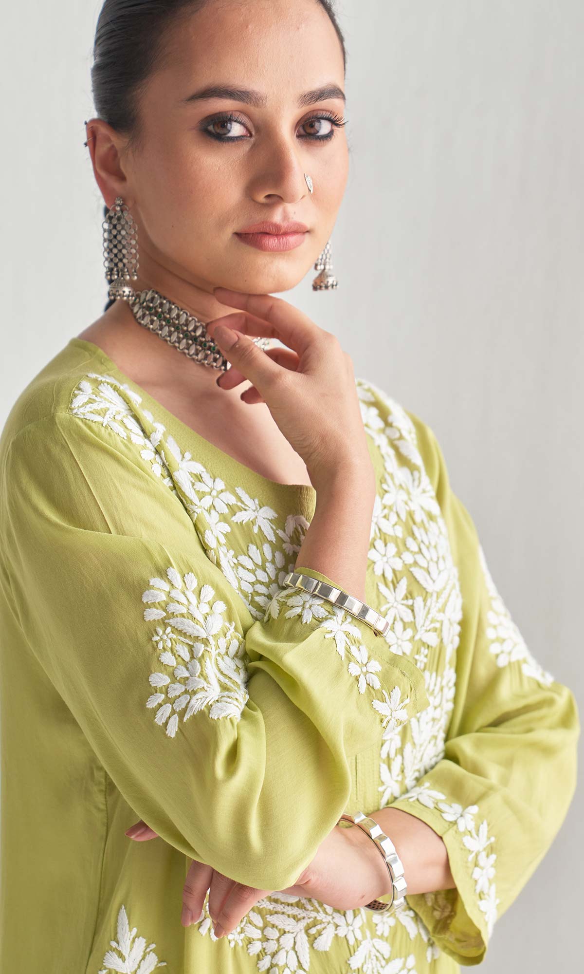 Handcrafted Chikankari Green Straight Kurta