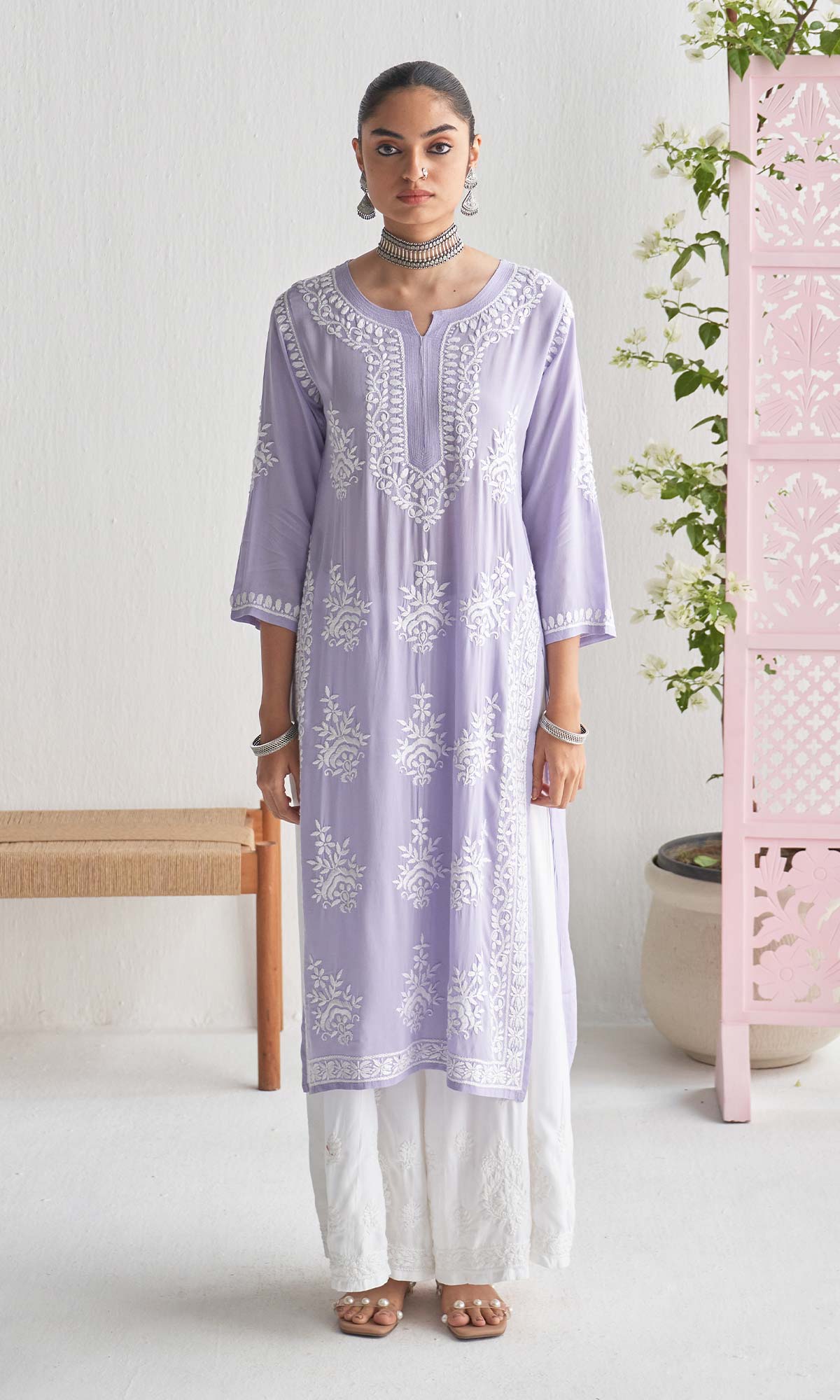 Handcrafted Chikankari Purple Straight Kurta