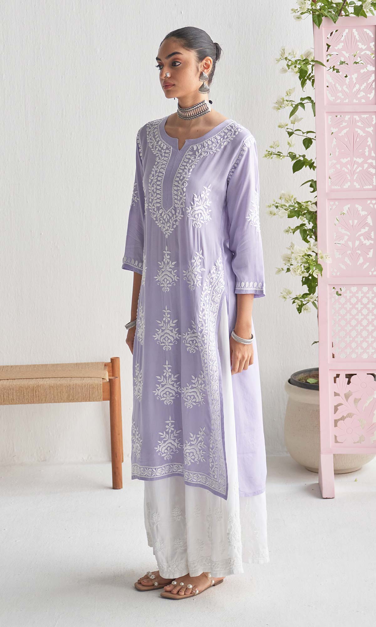 Handcrafted Chikankari Purple Straight Kurta