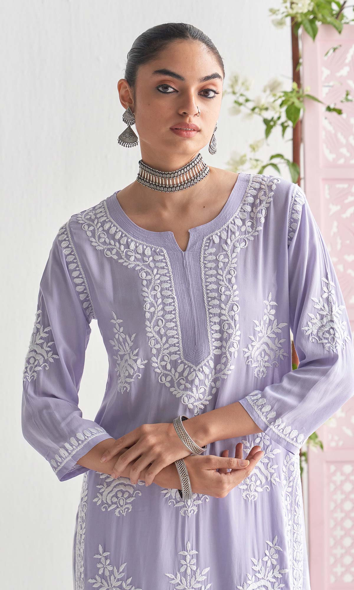 Handcrafted Chikankari Purple Straight Kurta