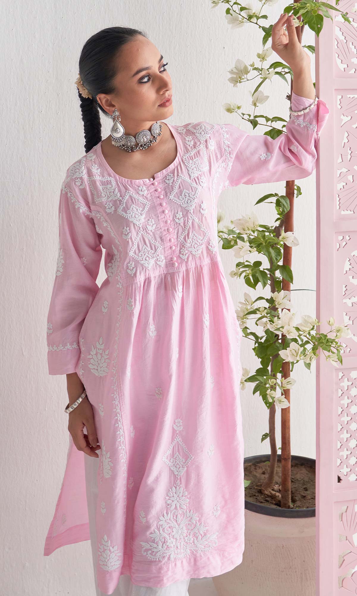 Handcrafted Chikankari Pink Straight Kurta